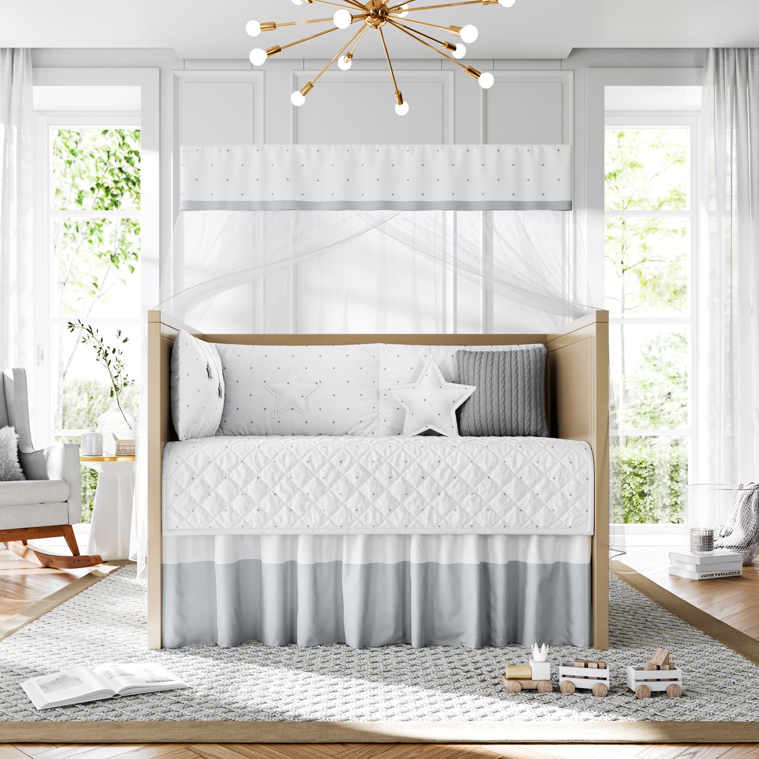 Kit Berço Dobrável 2 em 1 Estrelinha Branco