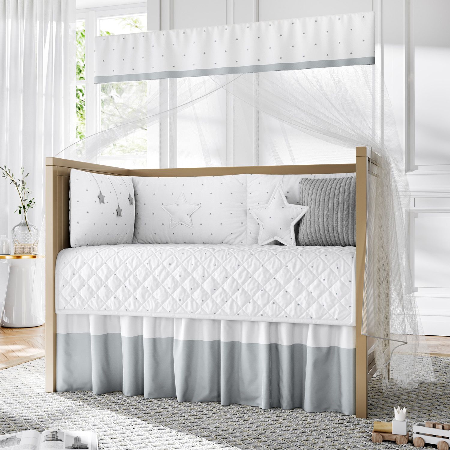 Kit Berço Dobrável 2 em 1 Estrelinha Branco