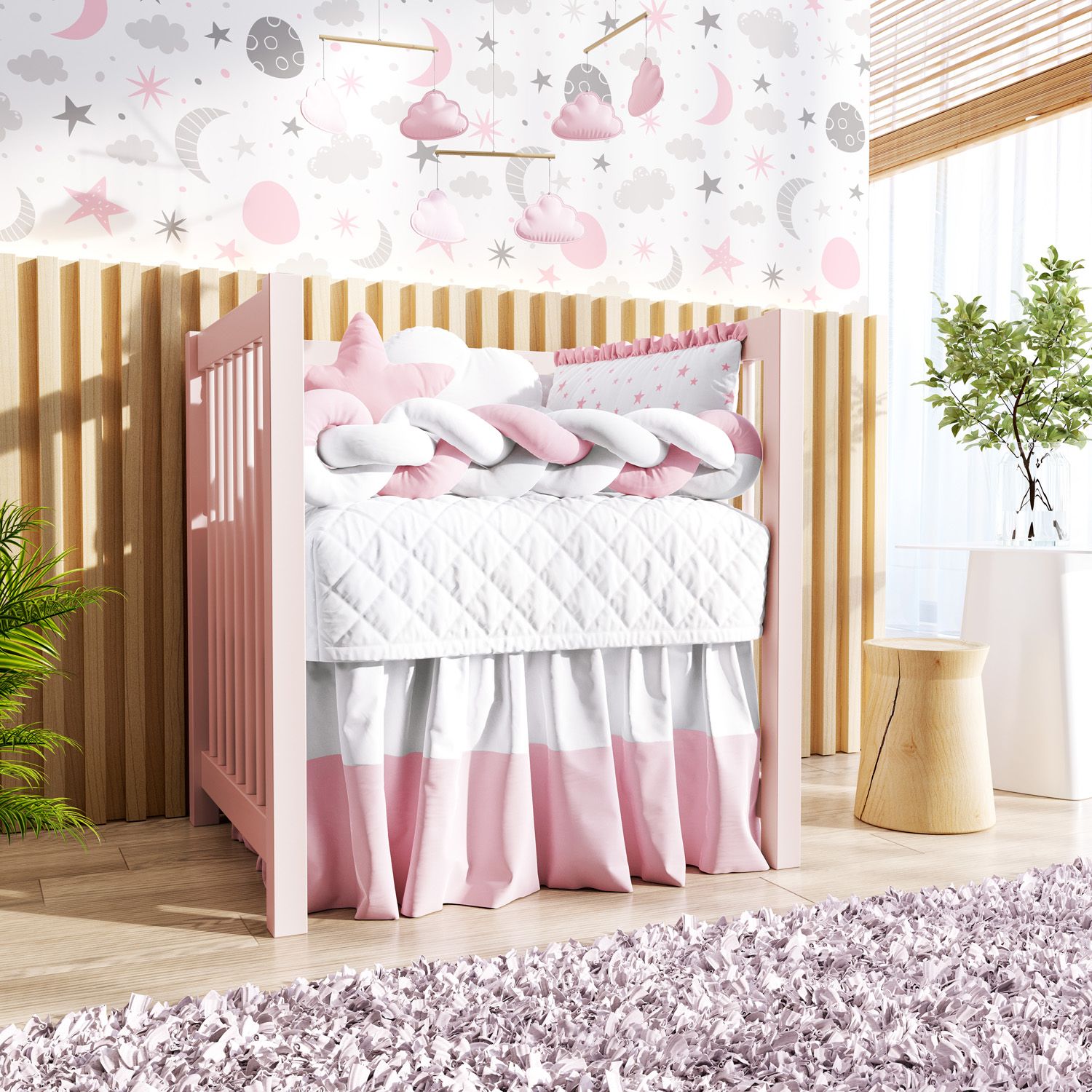 Kit Mini Berço Trança Estrelinha Rosa