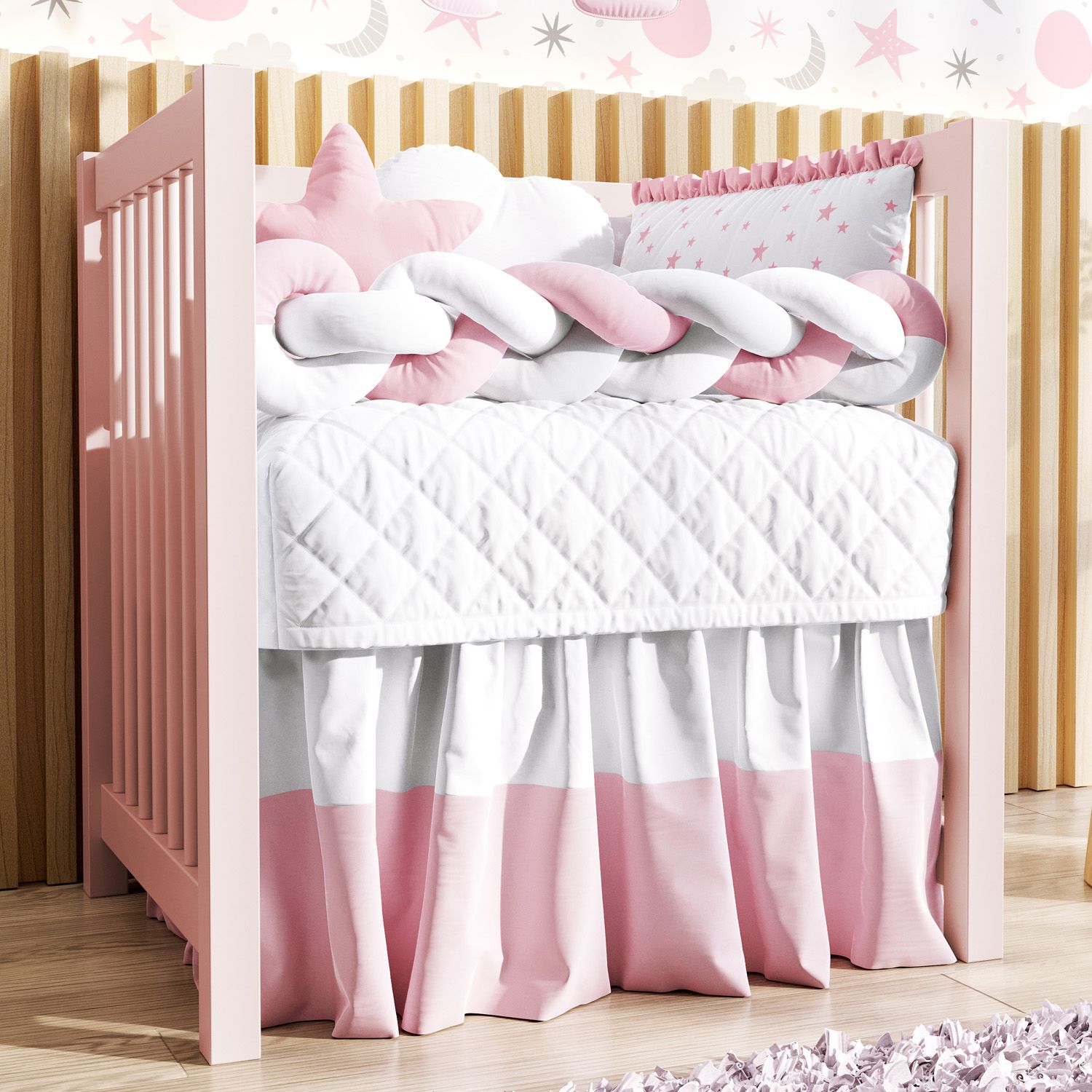 Kit Mini Berço Trança Estrelinha Rosa