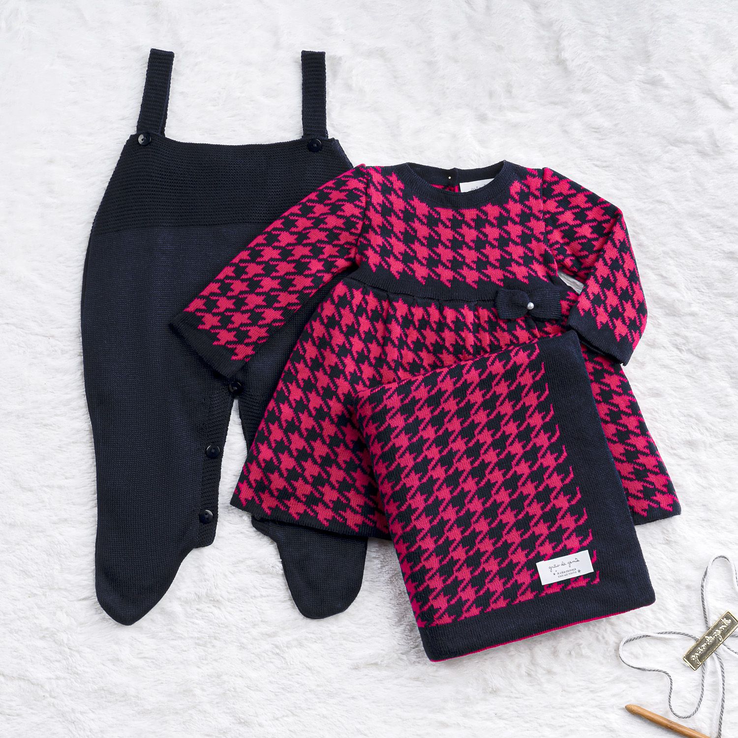 Saída Maternidade Tricot Jacquard Pied de Poule Preto 03 Peças