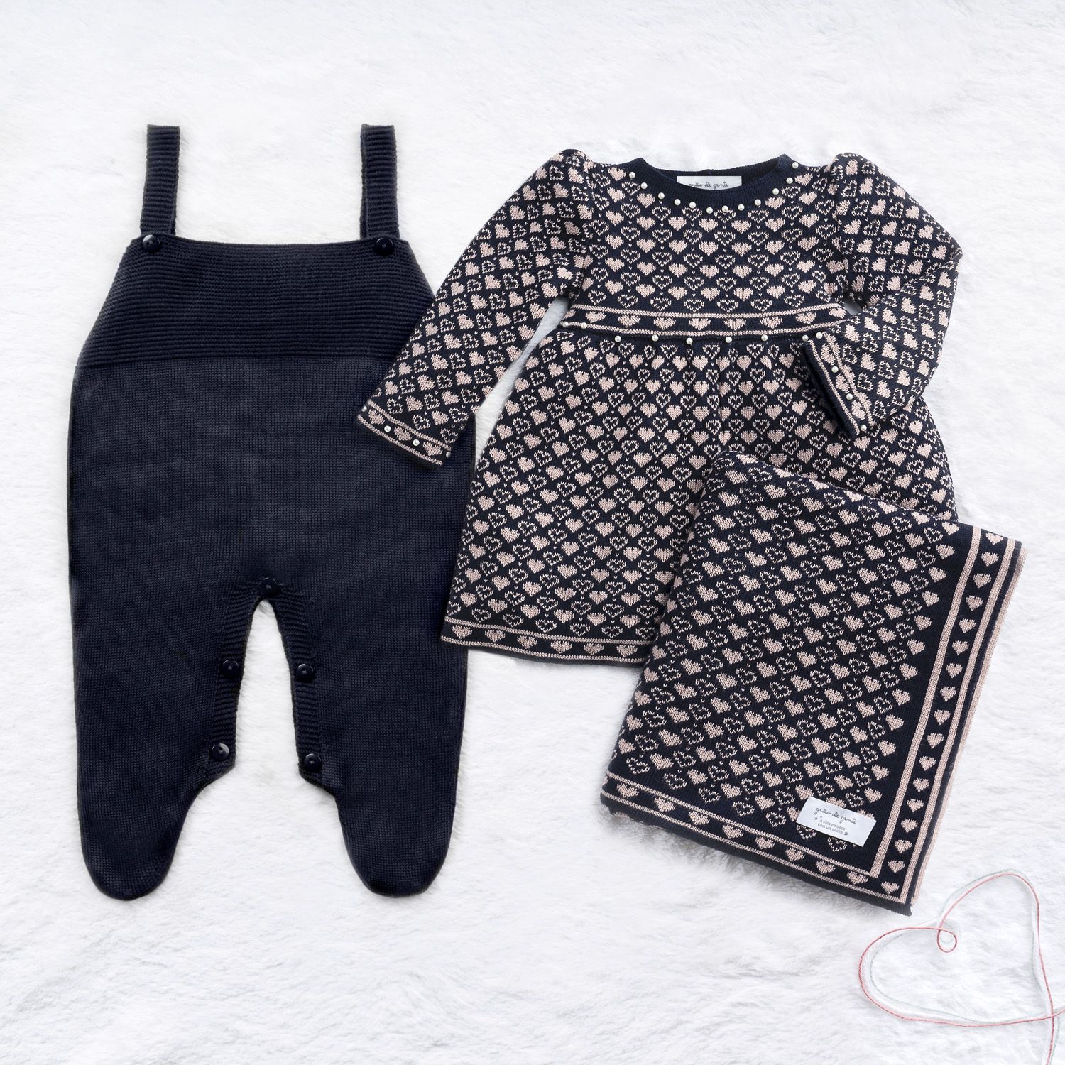 Saída Maternidade Tricot Jacquard Petit Coração Rosa 03 Peças