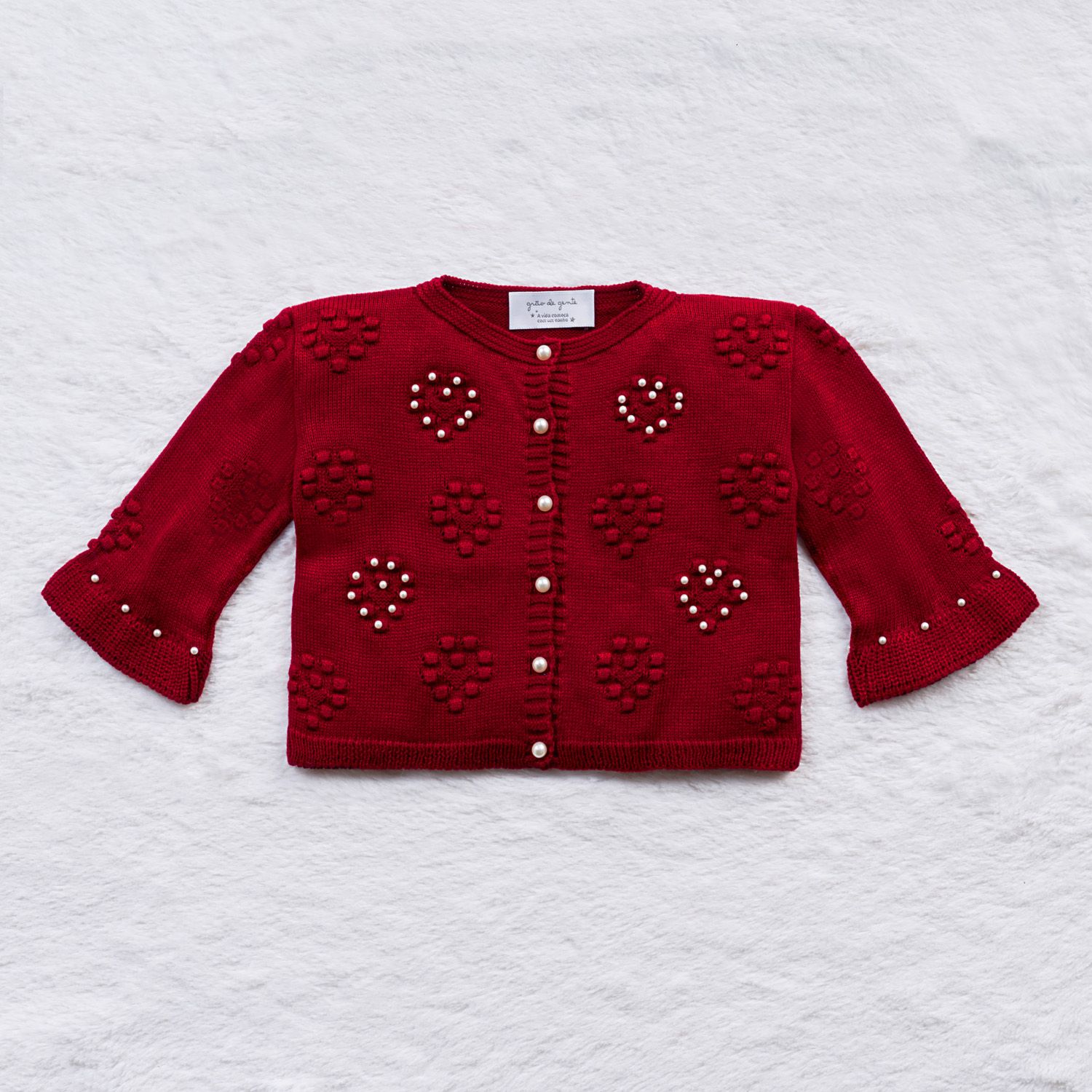 Saída Maternidade Tricot Coração e Pérola Vermelho 03 Peças