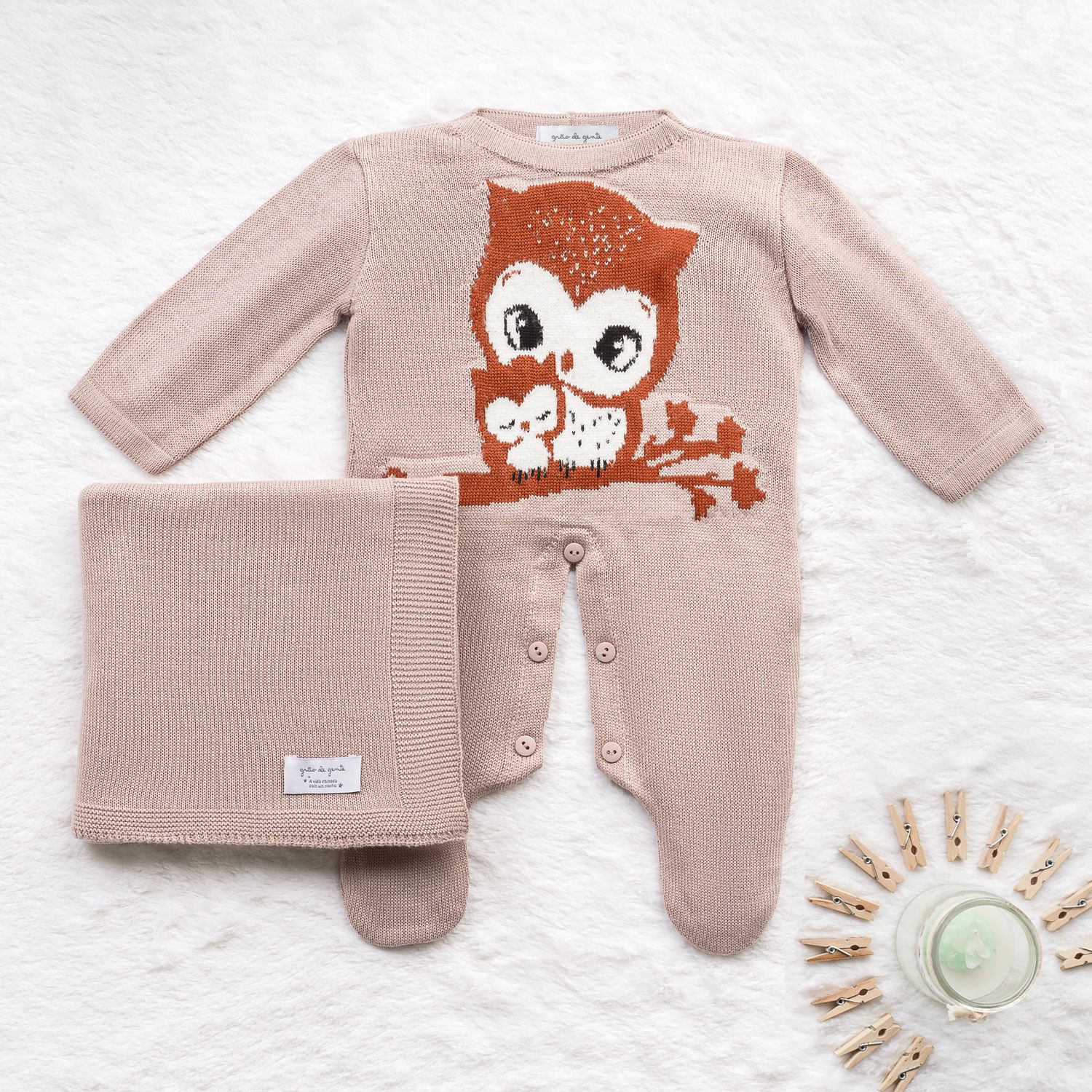 Saída Maternidade Tricot Jacquard Mamãe Coruja Nude Rosé 02 Peças