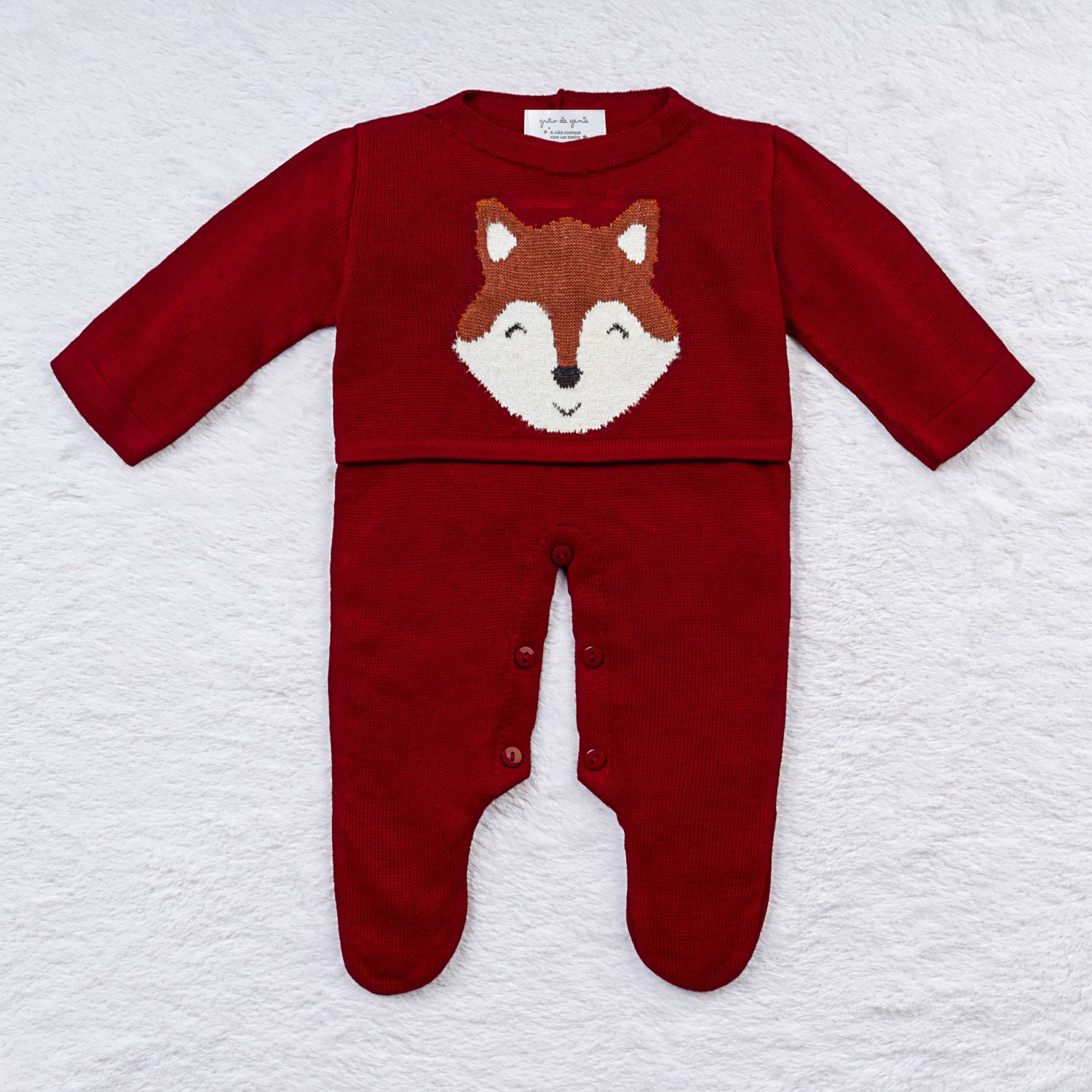 Saída Maternidade Tricot Jacquard Raposa Feliz Vermelho 02 Peças