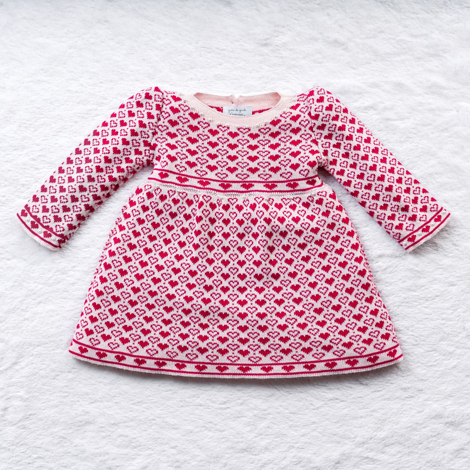 Vestido Tricot Jacquard Petit Coração com Pérolas Rosa