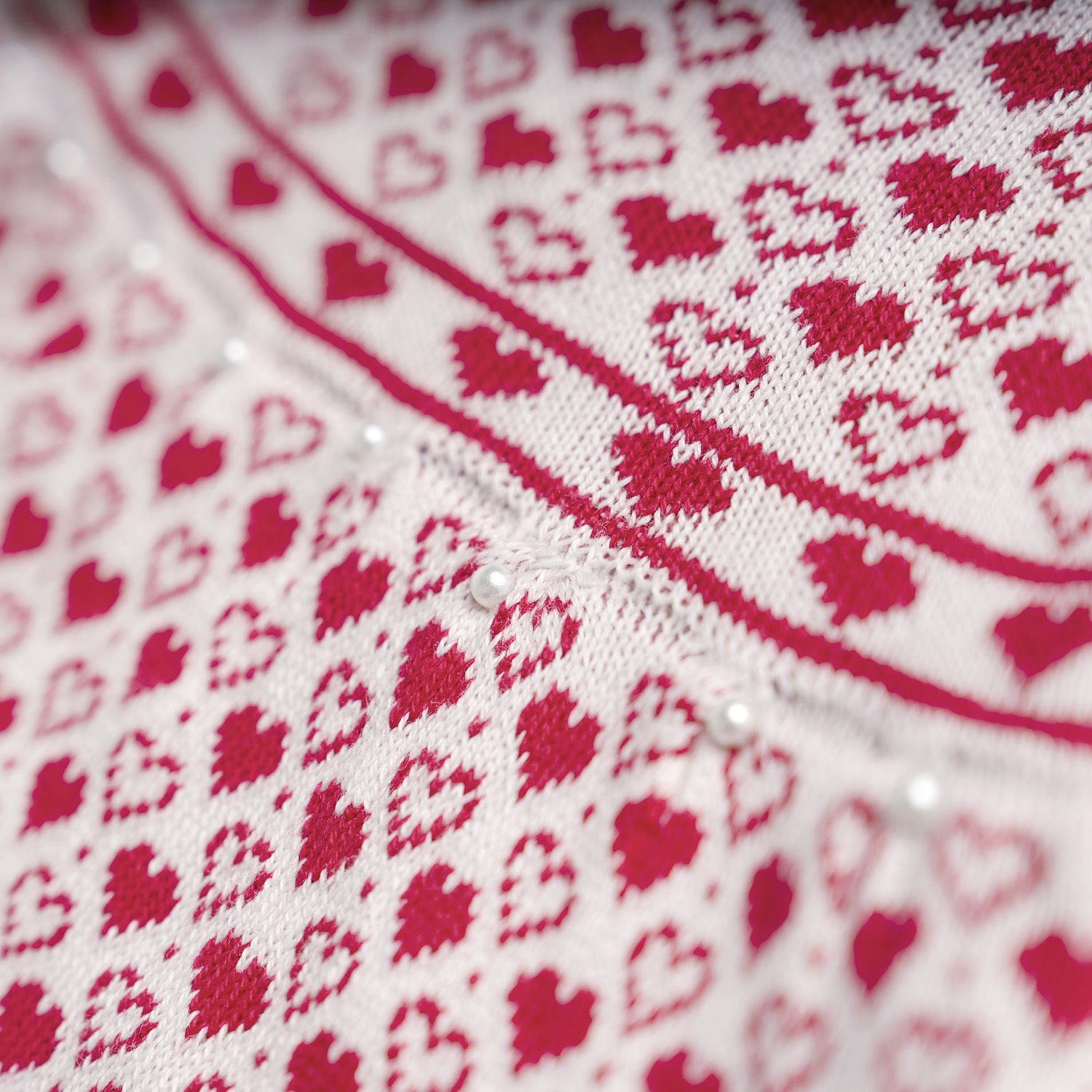 Vestido Tricot Jacquard Petit Coração com Pérolas Rosa