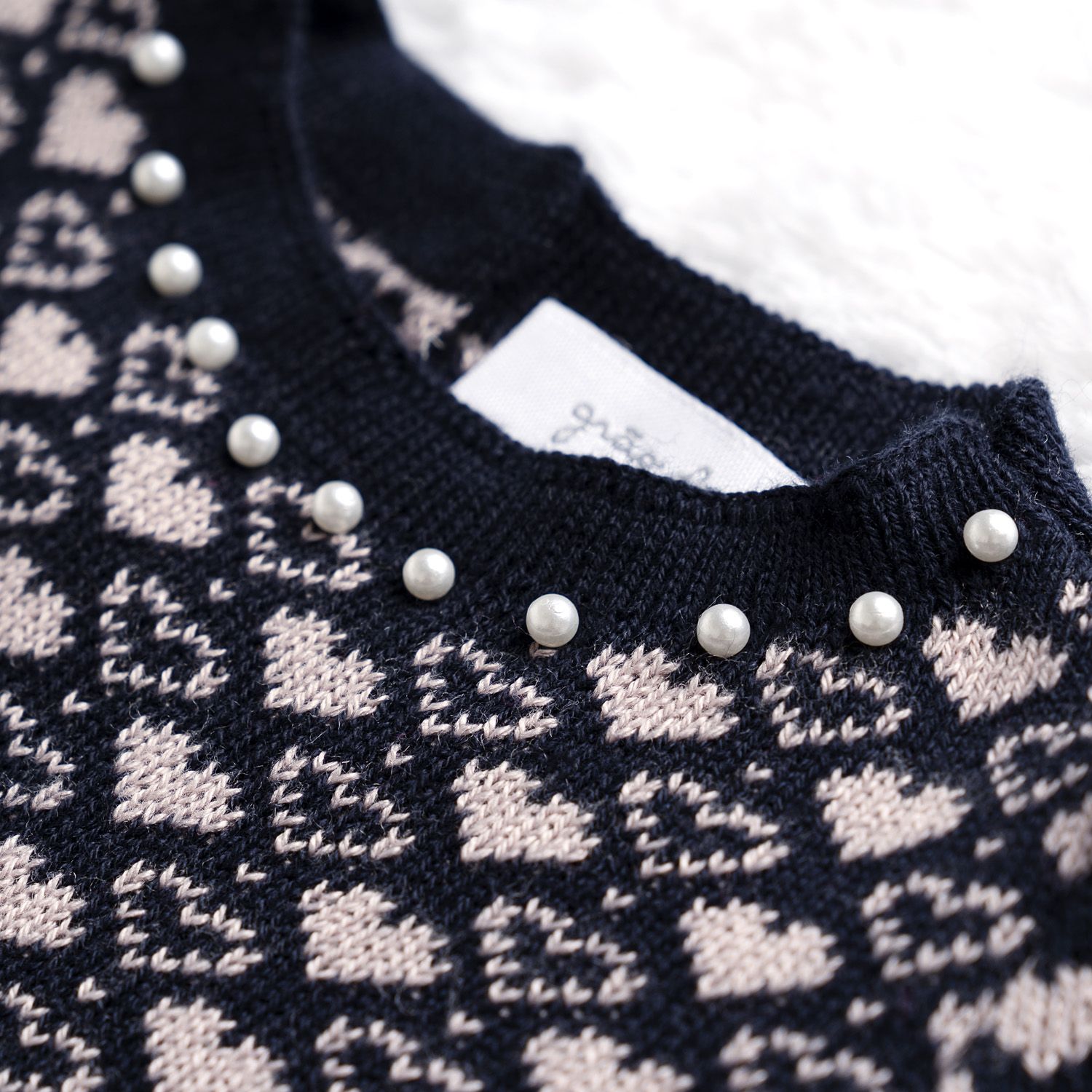 Vestido Tricot Jacquard Petit Coração com Pérolas Rosa