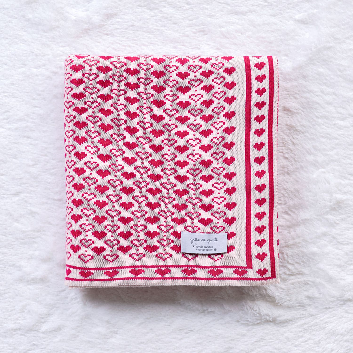 Manta Bebê Tricot Jacquard Petit Coração Rosa Dupla Face 80cm