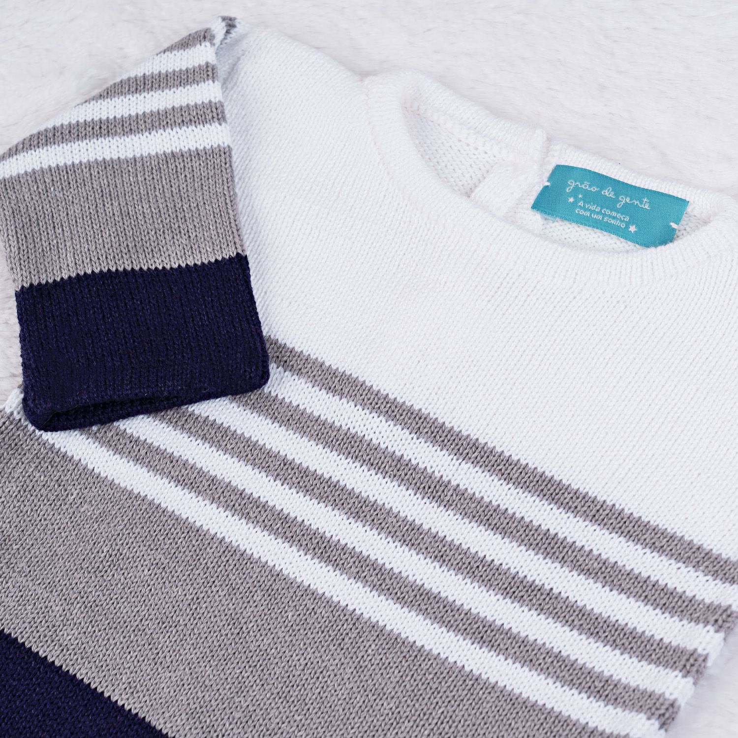 Saída Maternidade Tricot Reizinho Azul Marinho e Cinza 03 Peças