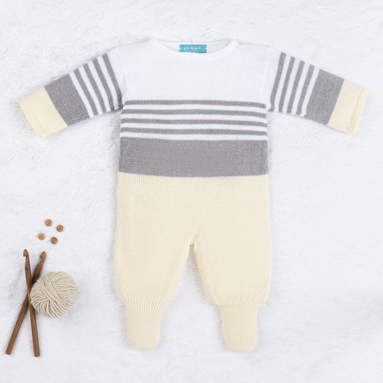 Saída Maternidade Tricot Reizinho Azul Marinho e Cinza 03 Peças