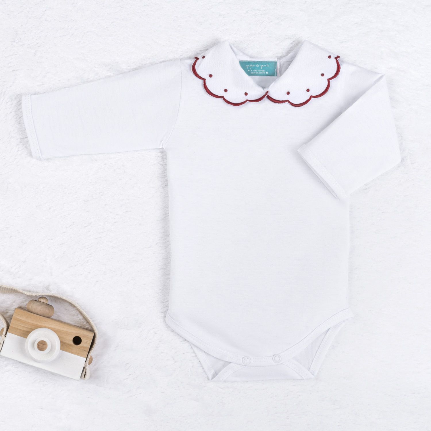 Body Manga Longa Bordado Petit Poá Vermelho