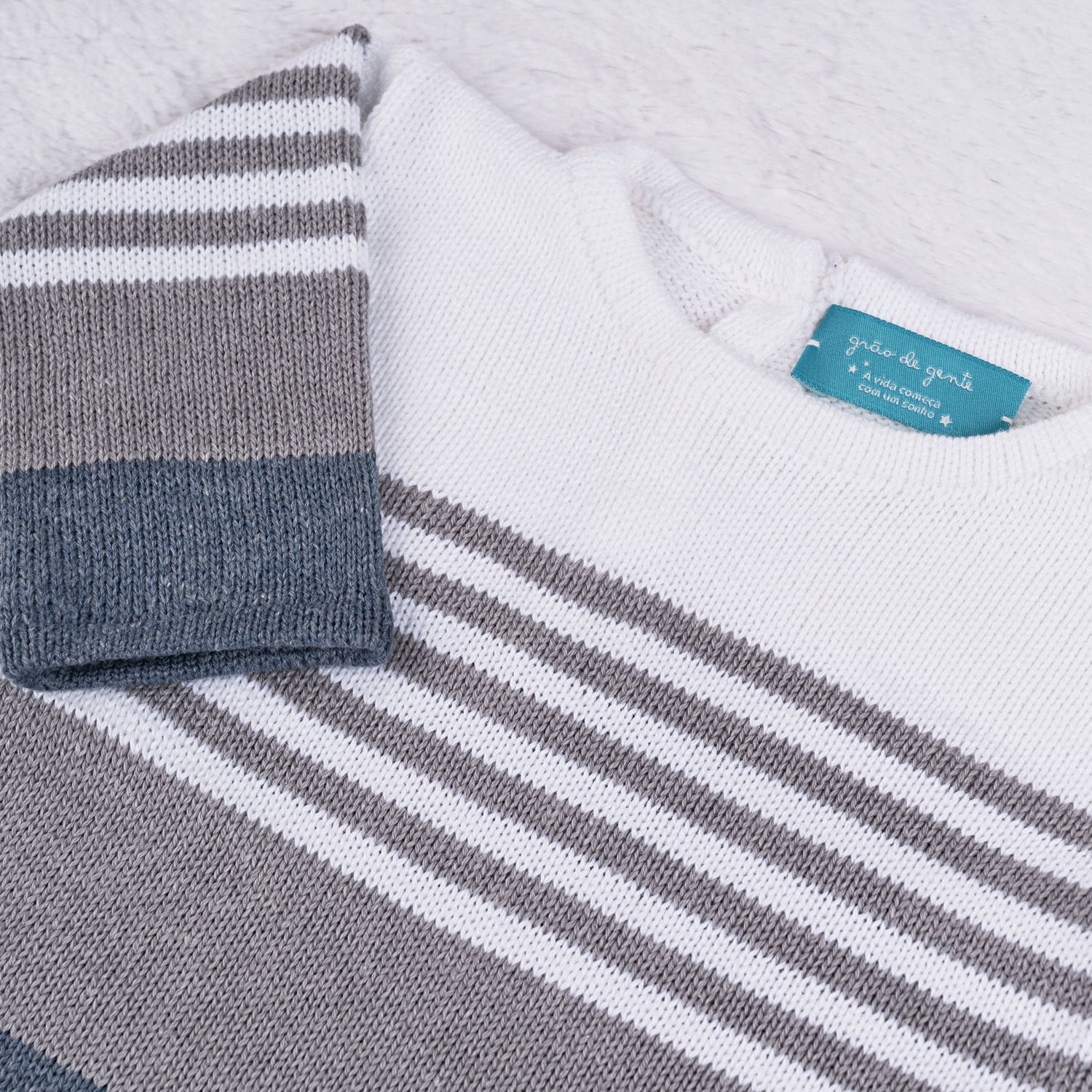 Macacão Tricot Listrado Reizinho Azul Marinho e Cinza
