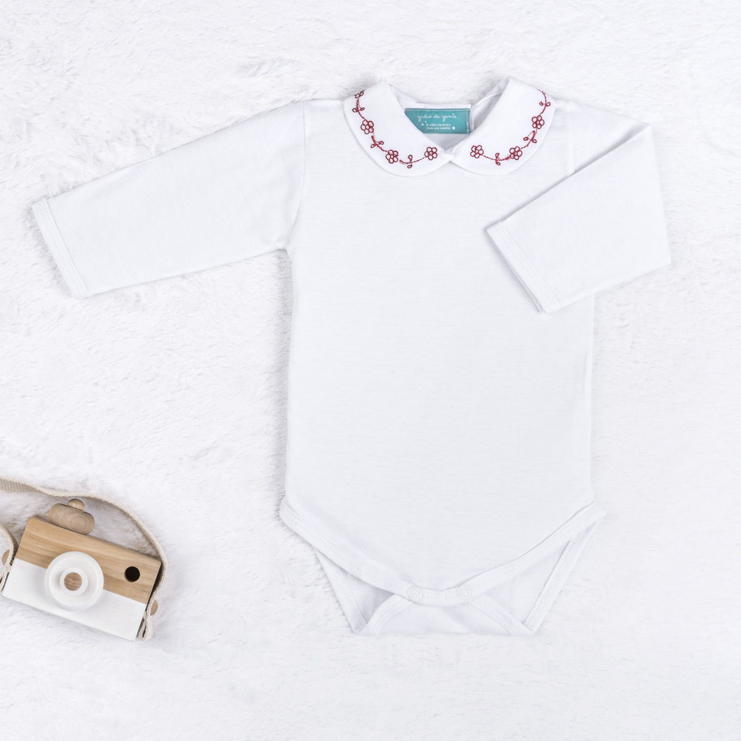 Body Manga Longa Bordado Camélia Rosa