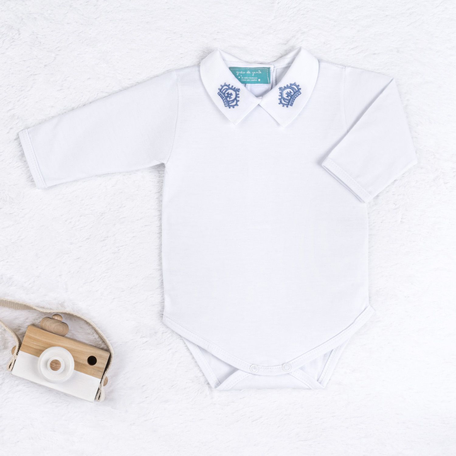 Body Manga Longa Bordado Reizinho Azul Marinho