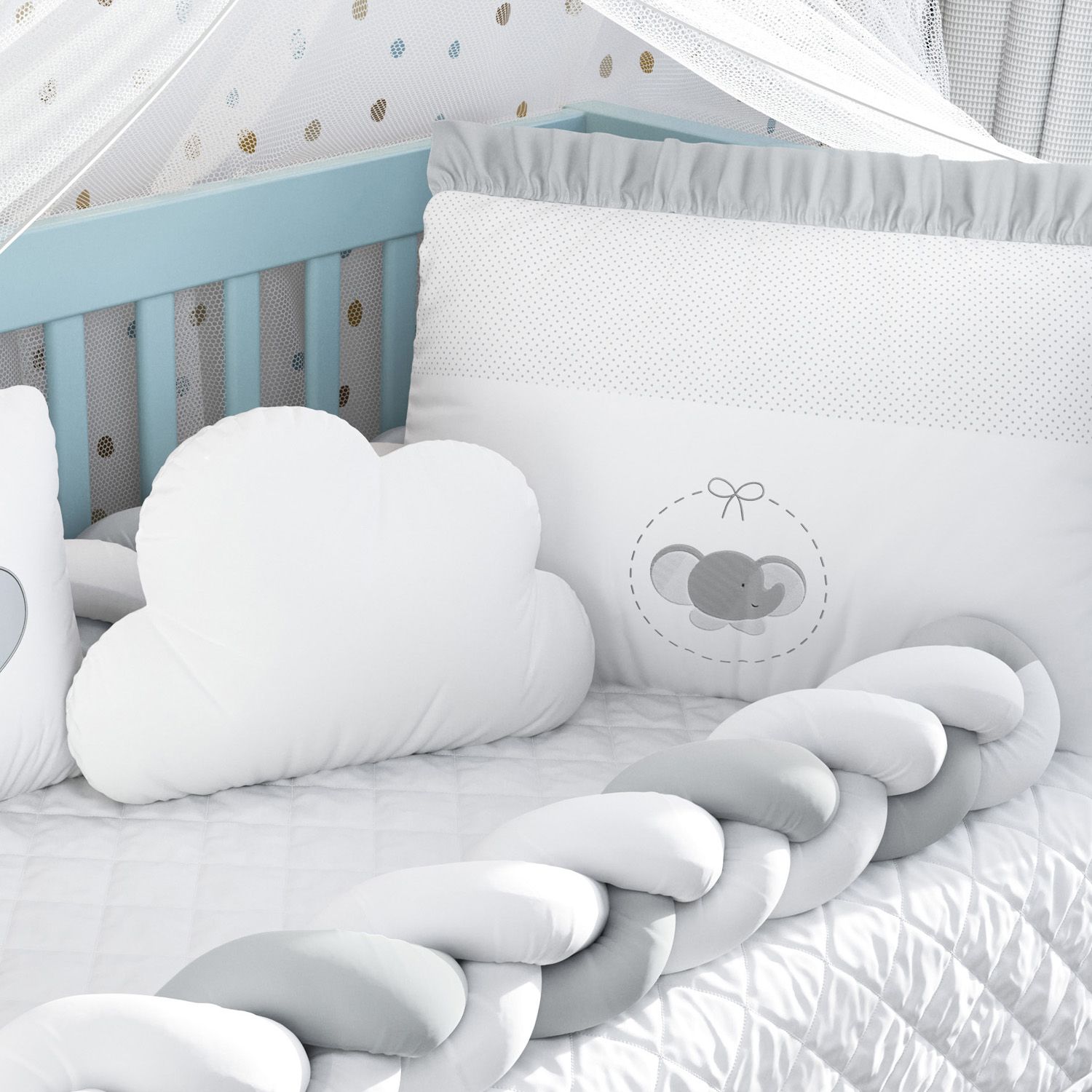 Kit Berço Trança Elefantinho Poá Cinza