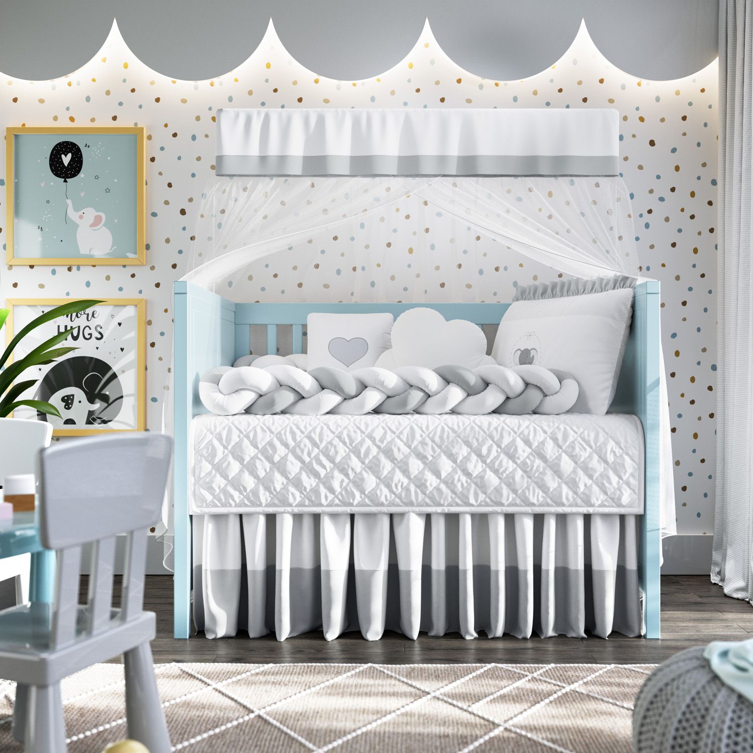 Kit Berço Trança Elefantinho Poá Cinza