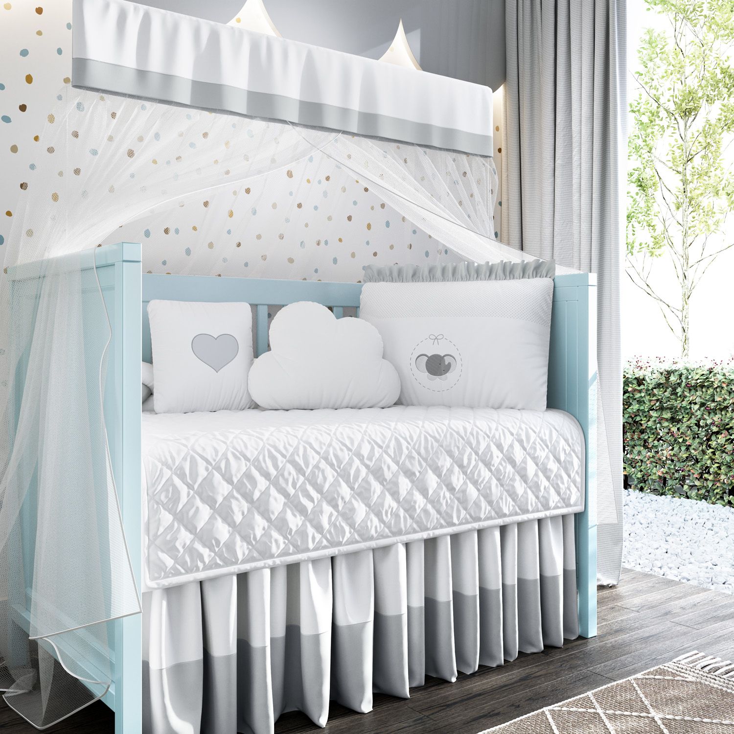 Kit Berço Trança Elefantinho Poá Cinza