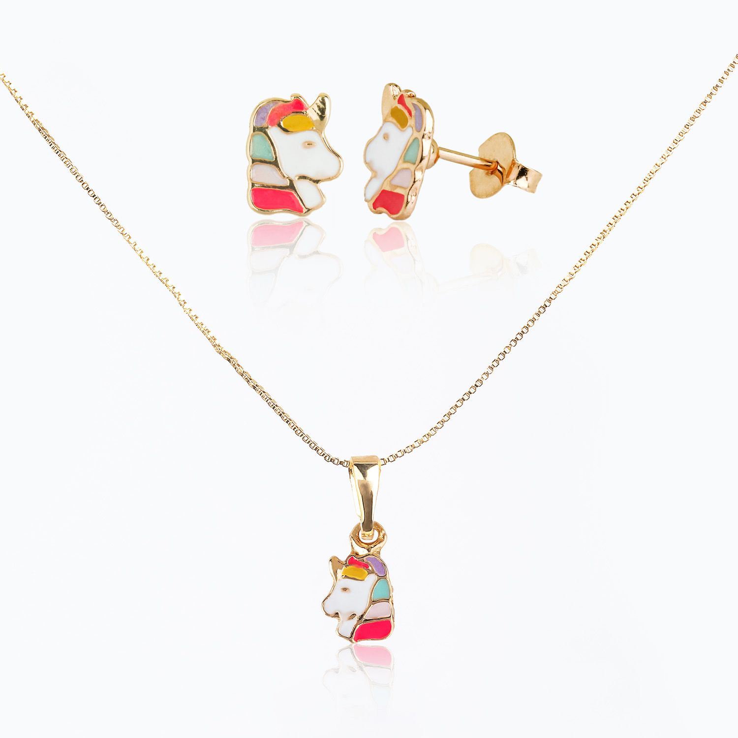 Conjunto Infantil Colar e Brincos Unicórnio Arco-íris Ouro