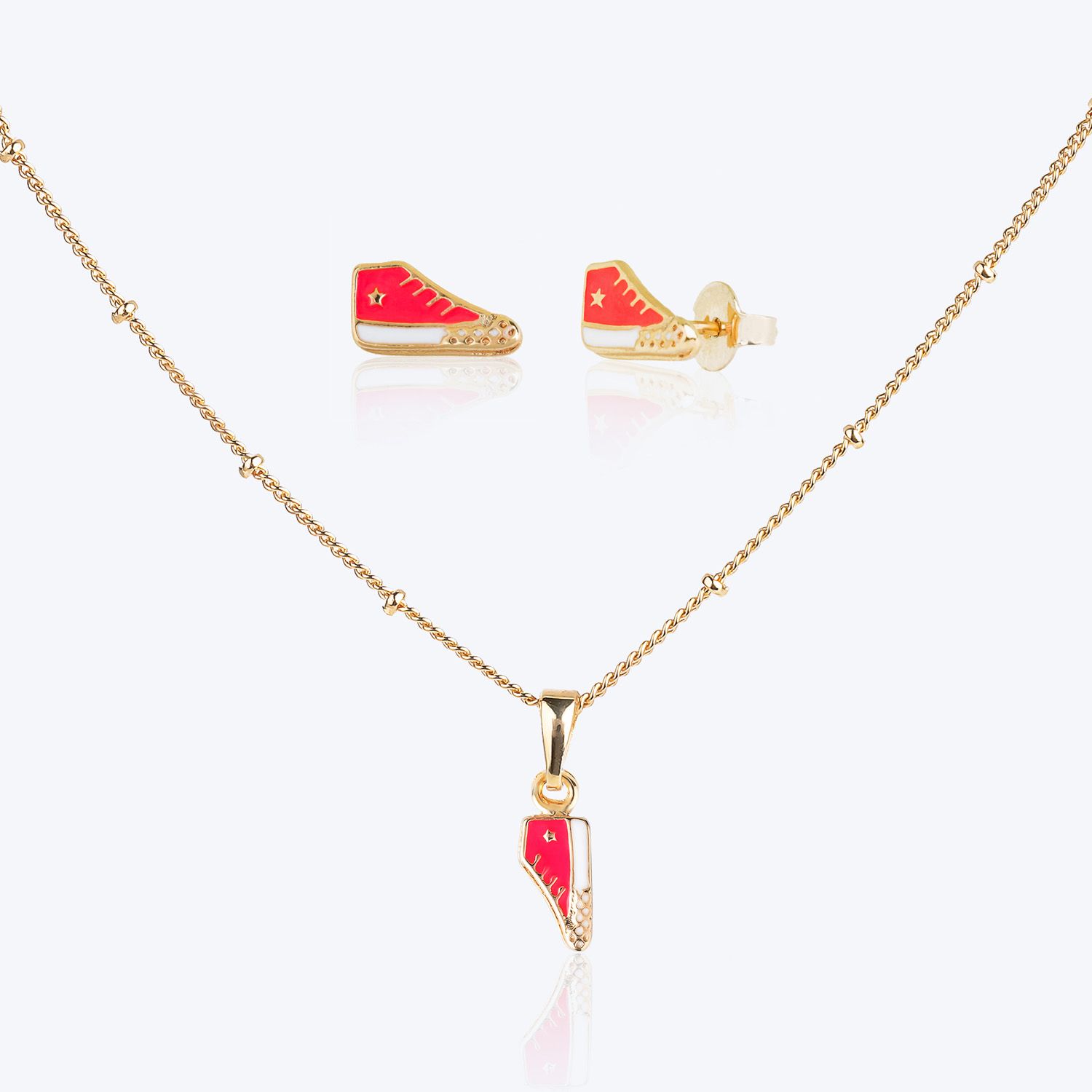 Conjunto Infantil Colar e Brincos Tênis Pink com Bolinhas Ouro