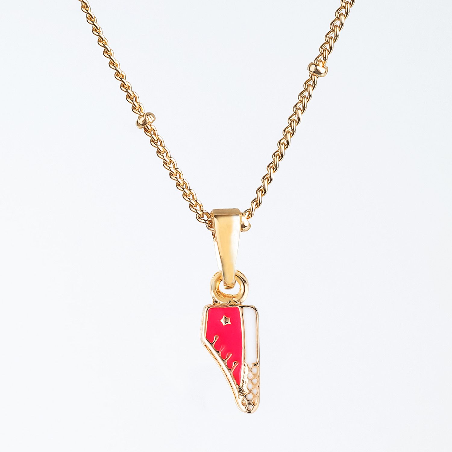 Conjunto Infantil Colar e Brincos Tênis Pink com Bolinhas Ouro