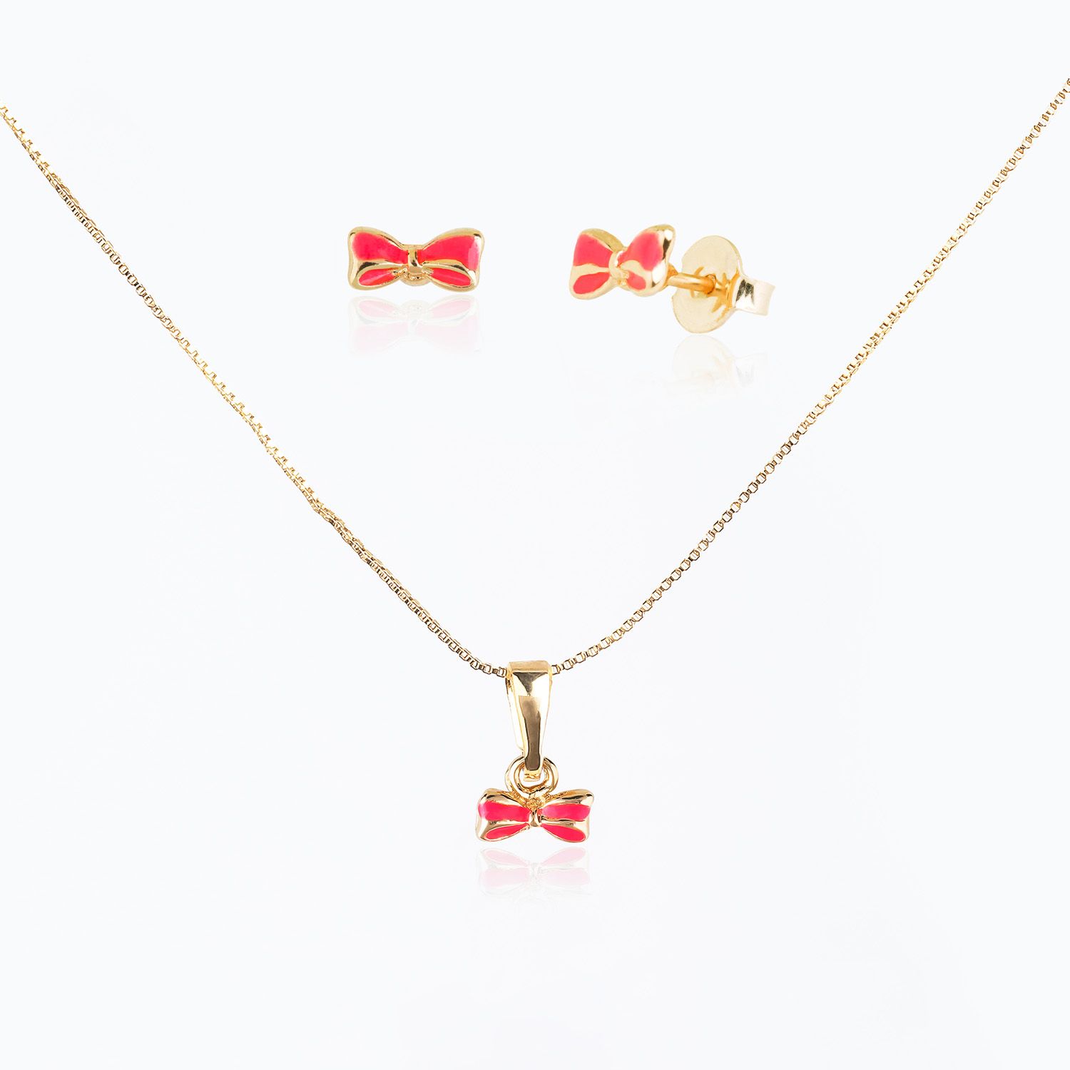 Conjunto Infantil Colar e Brincos Laço Pink e Ouro
