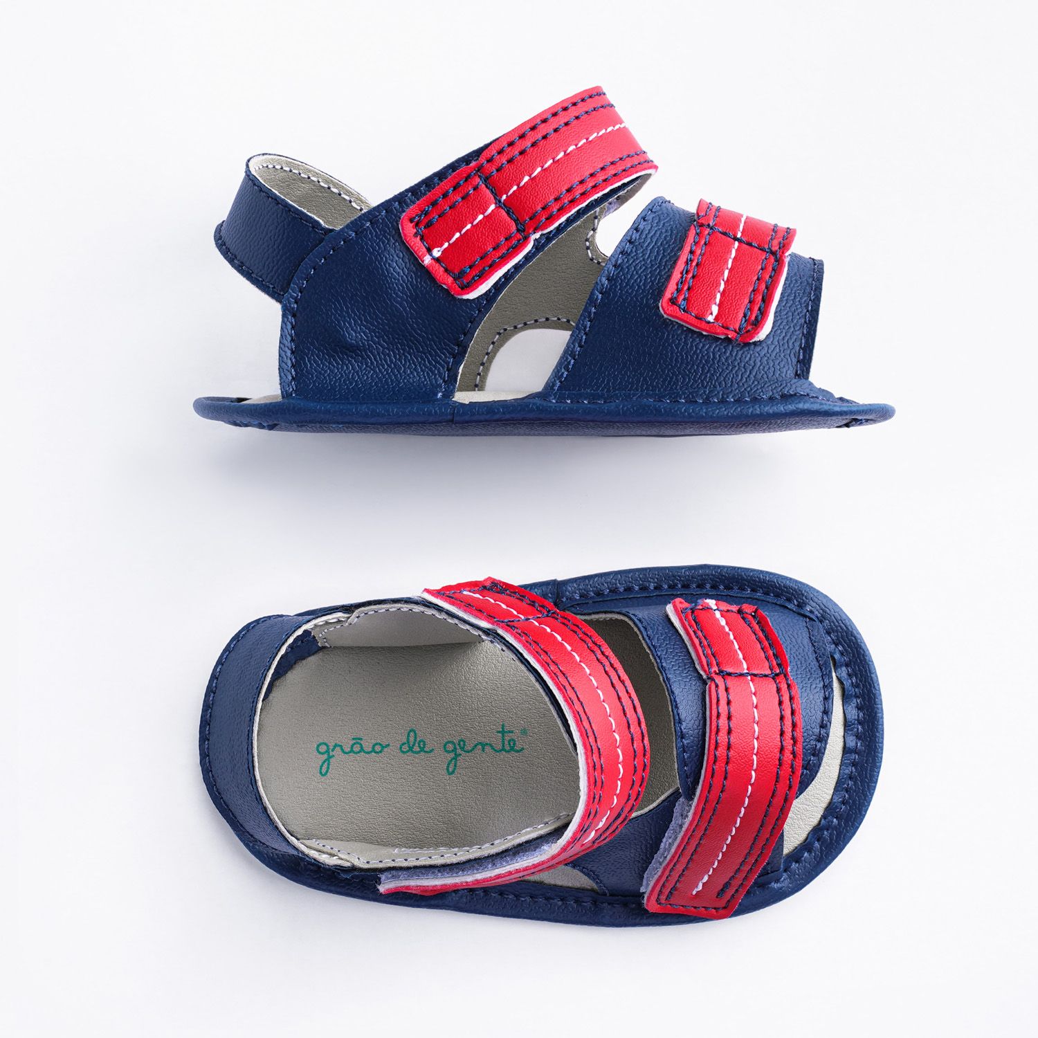 Sandália Papete de Bebê com Velcro Azul Marinho e Vermelho Tam 15