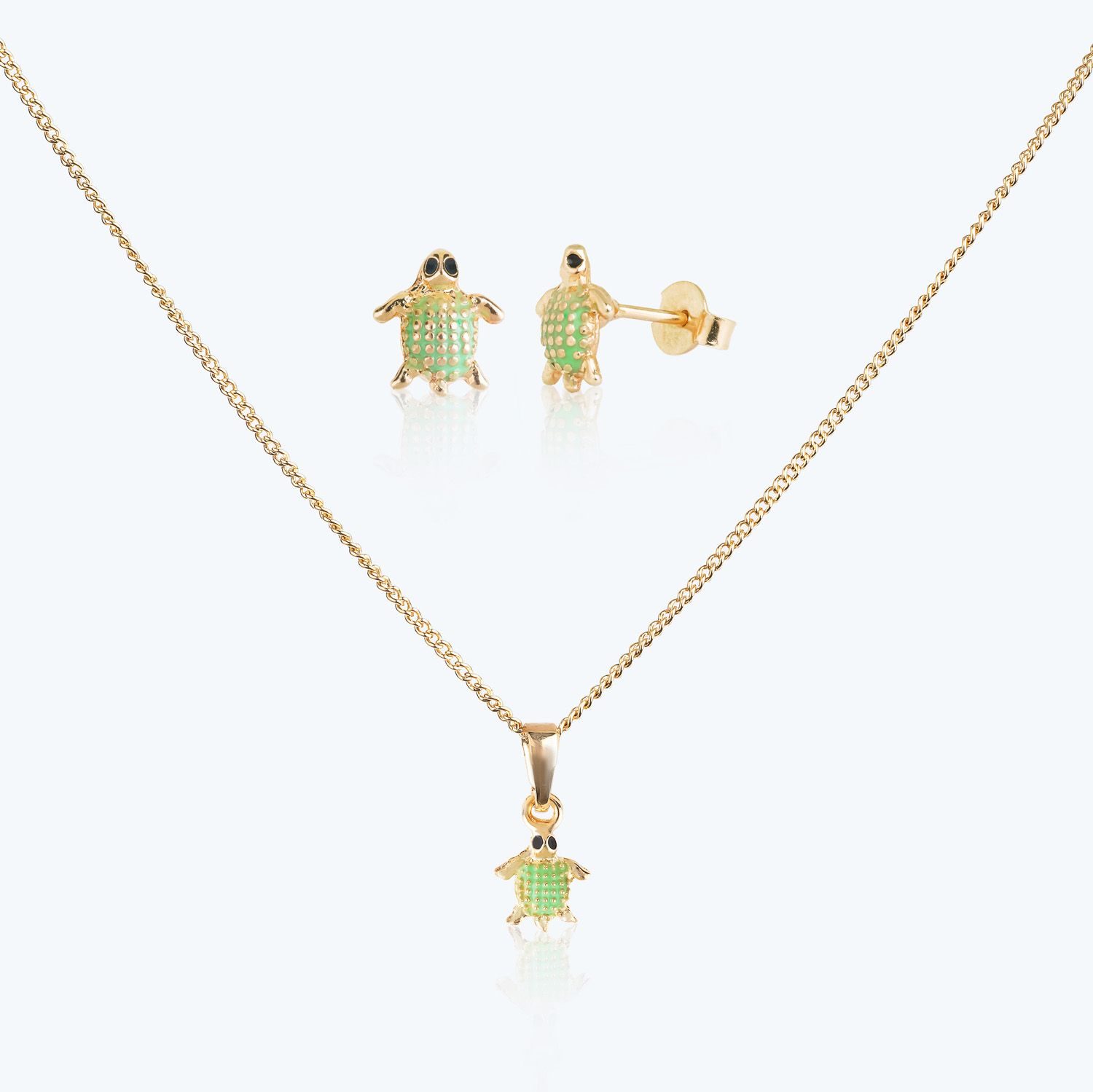 Conjunto Infantil Colar e Brincos Tartaruga Verde e Ouro