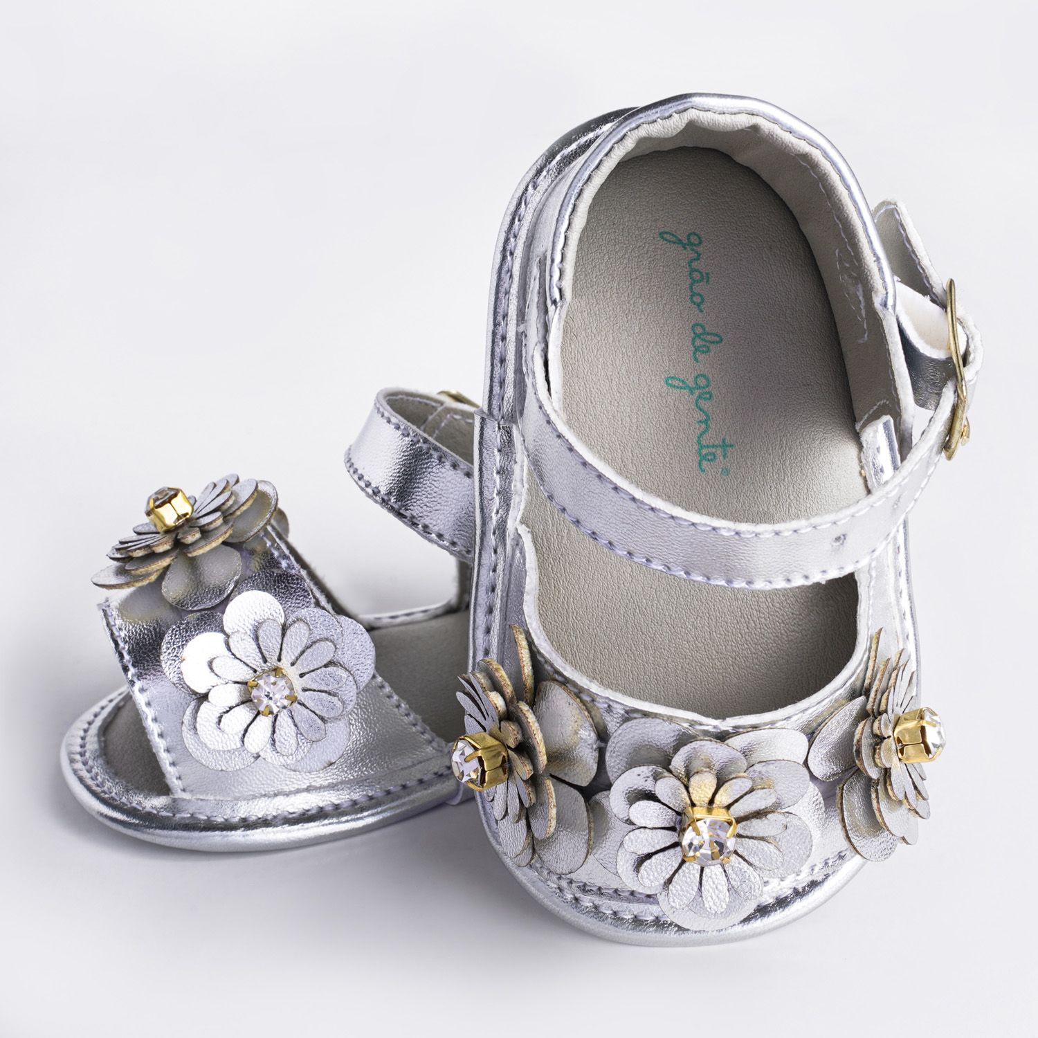 Sandália de Bebê Margaridas e Strass Prata Tam 15
