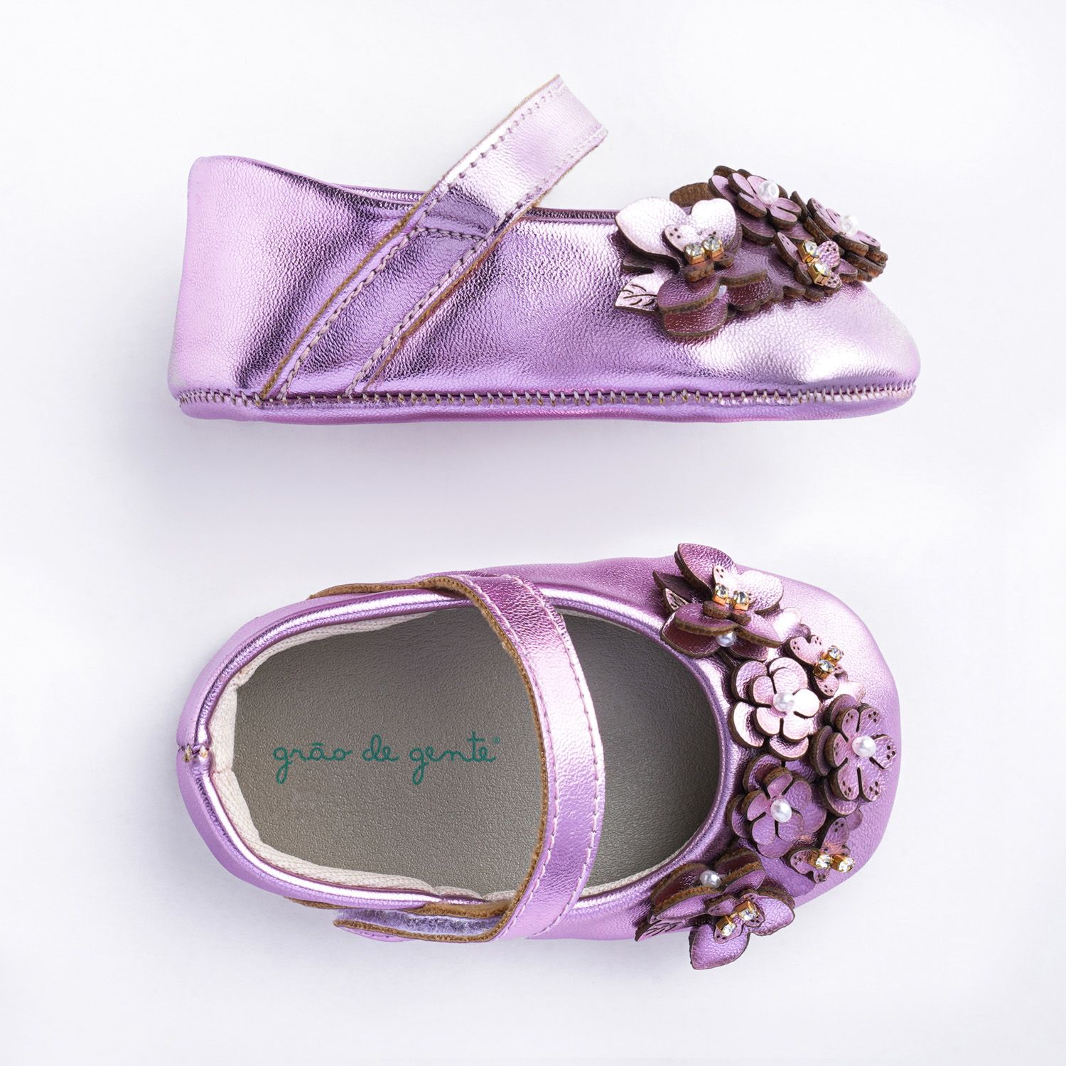 Sapatilha de Bebê Flores Primavera Strass e Pérola Rosé Tam 14