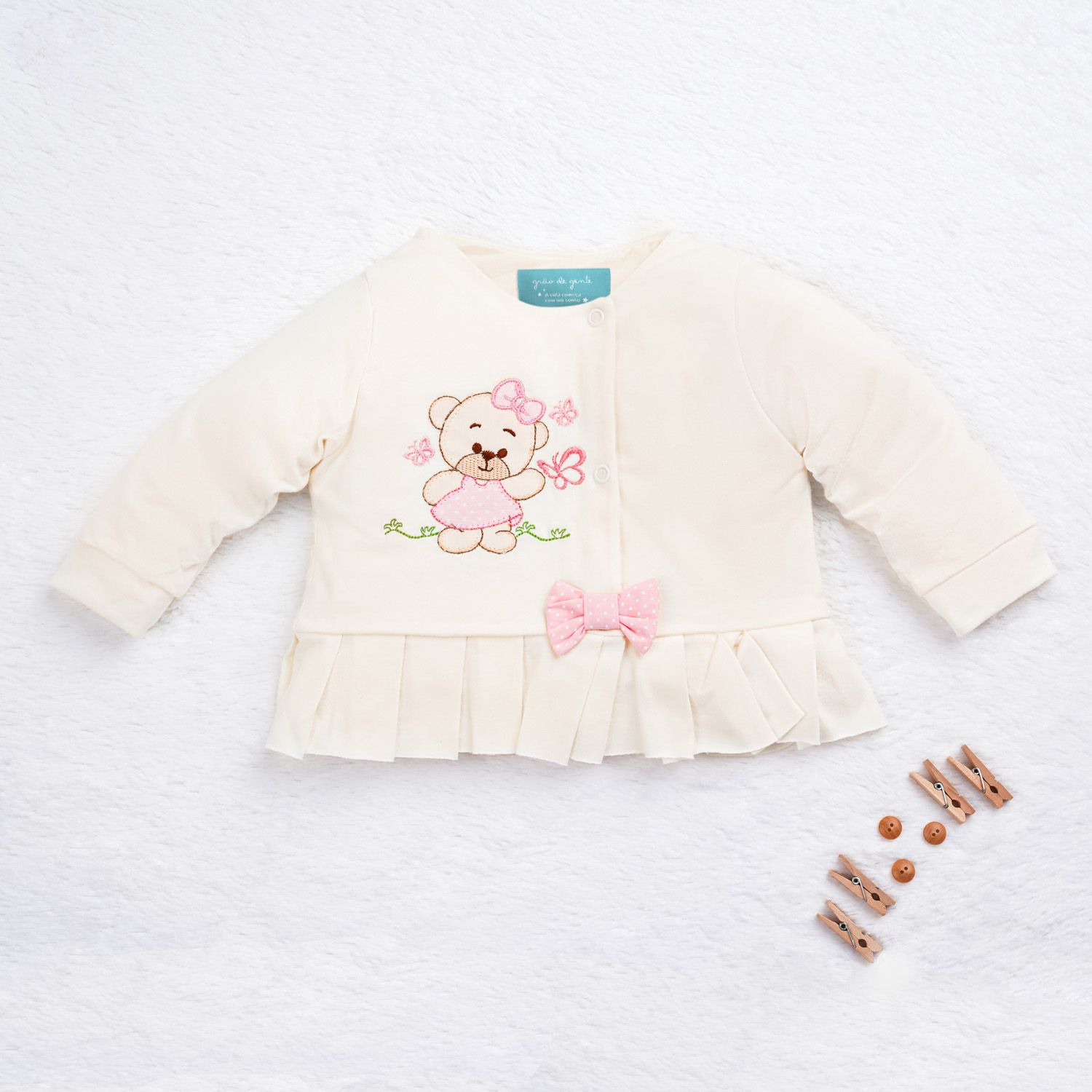 Saída Maternidade Ursinha Poá Rosa e Creme 04 Peças