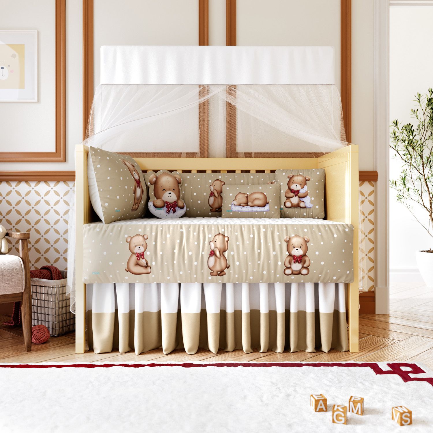 Kit Berço Ursinho Vintage Poá Bege