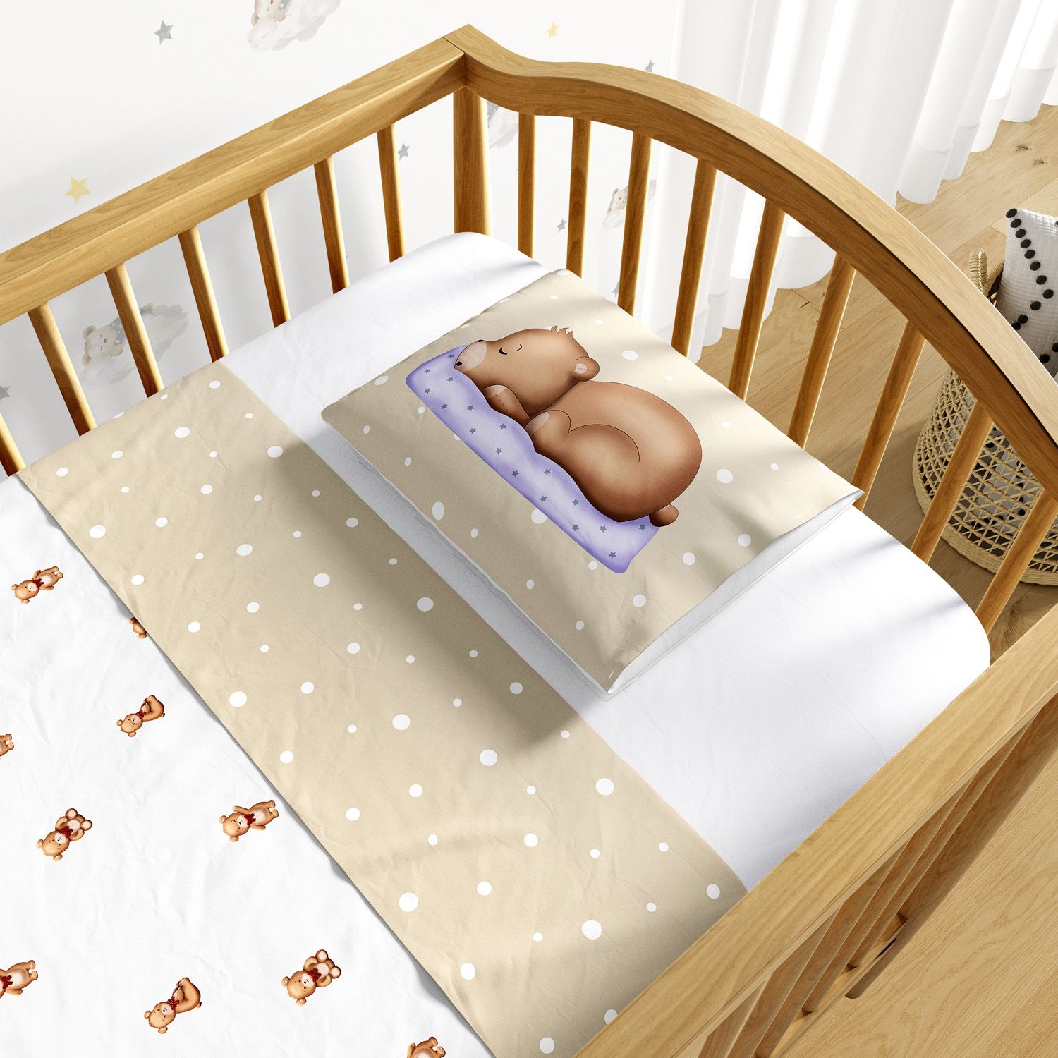 Jogo de Lençol Berço Ursinho Vintage Poá 3 peças