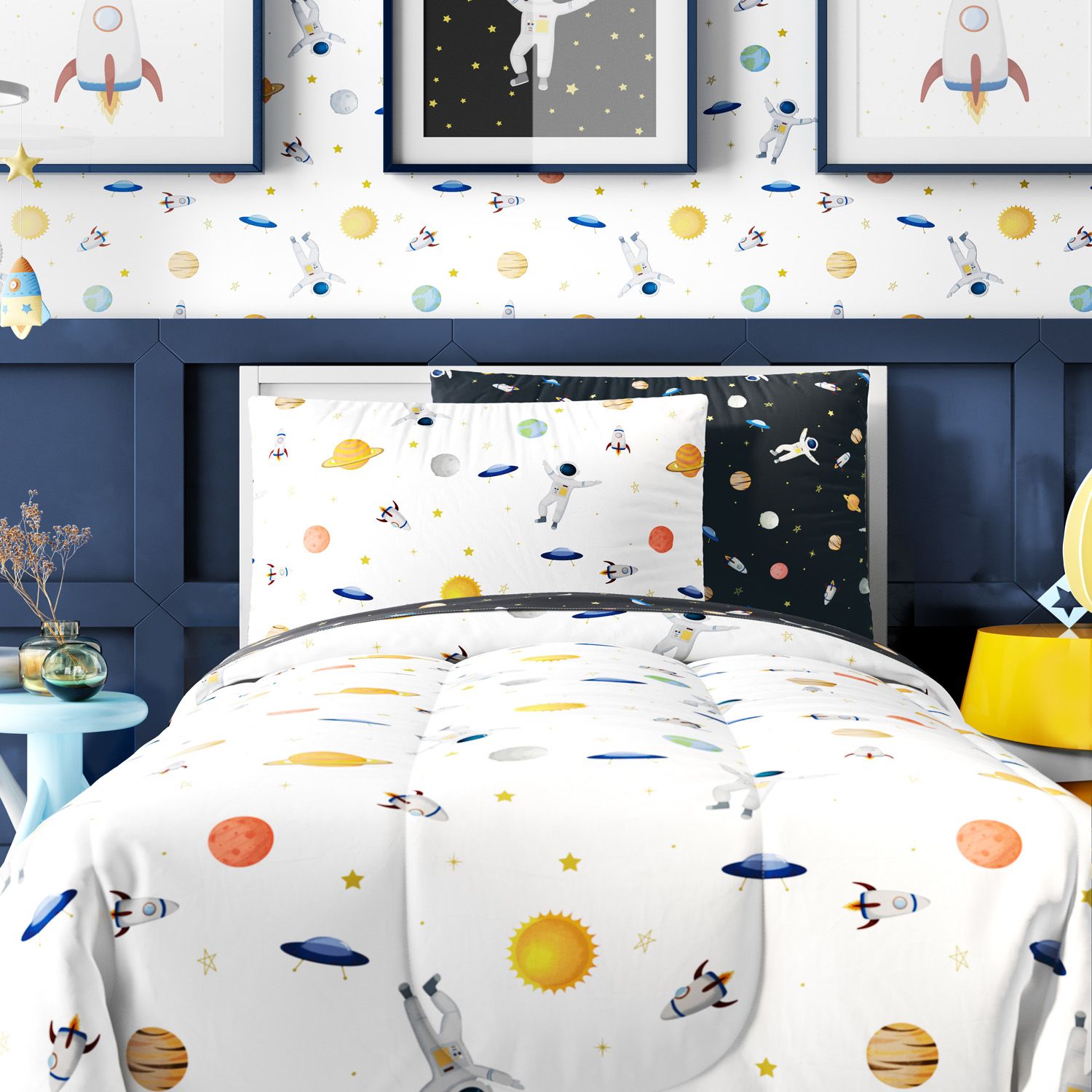 Kit Cama Infantil Solteiro Astronauta Branco e Preto
