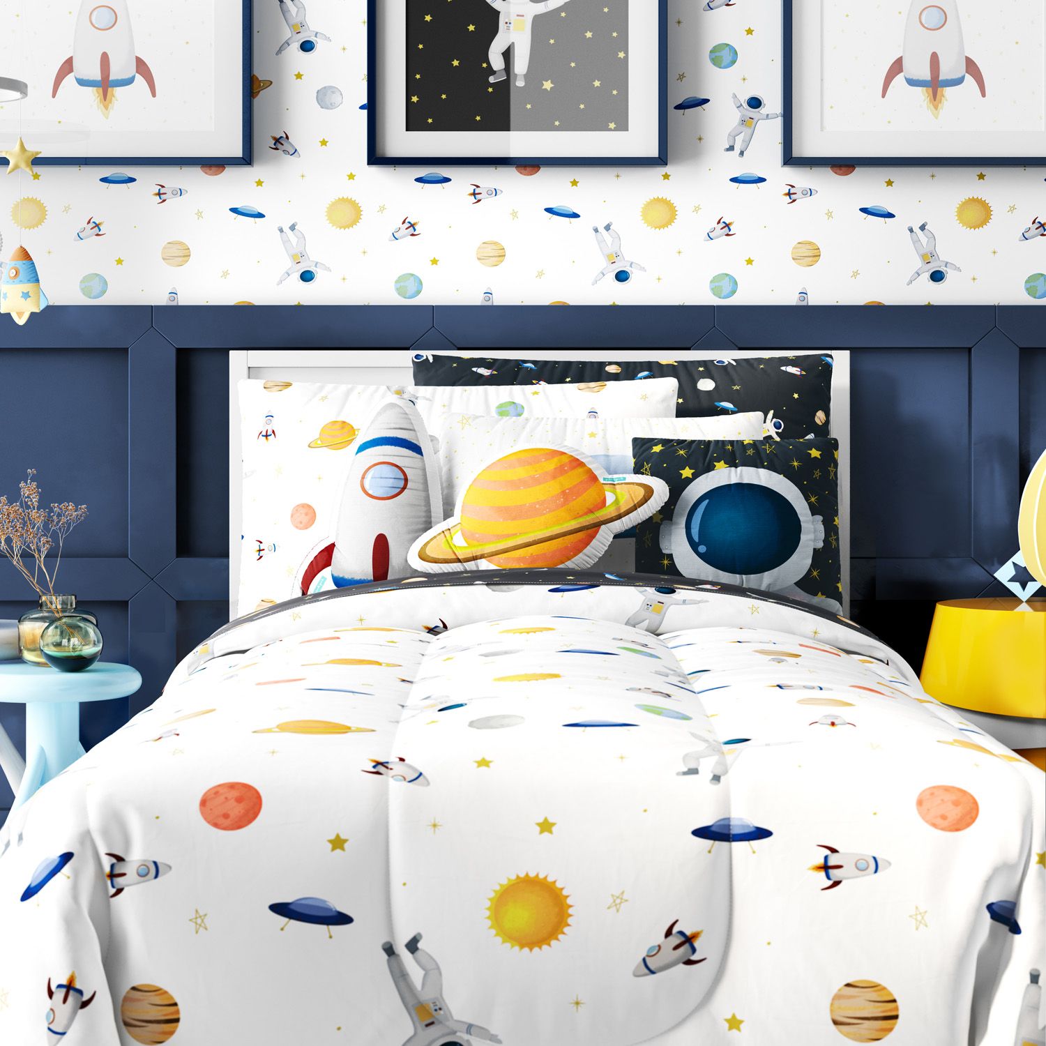 Kit Cama Infantil Solteiro Astronauta Branco e Preto