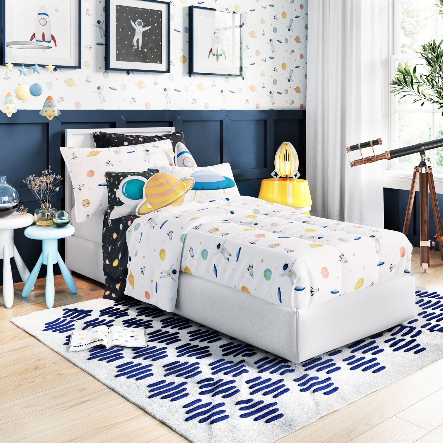 Kit Cama Infantil Solteiro Astronauta Branco e Preto