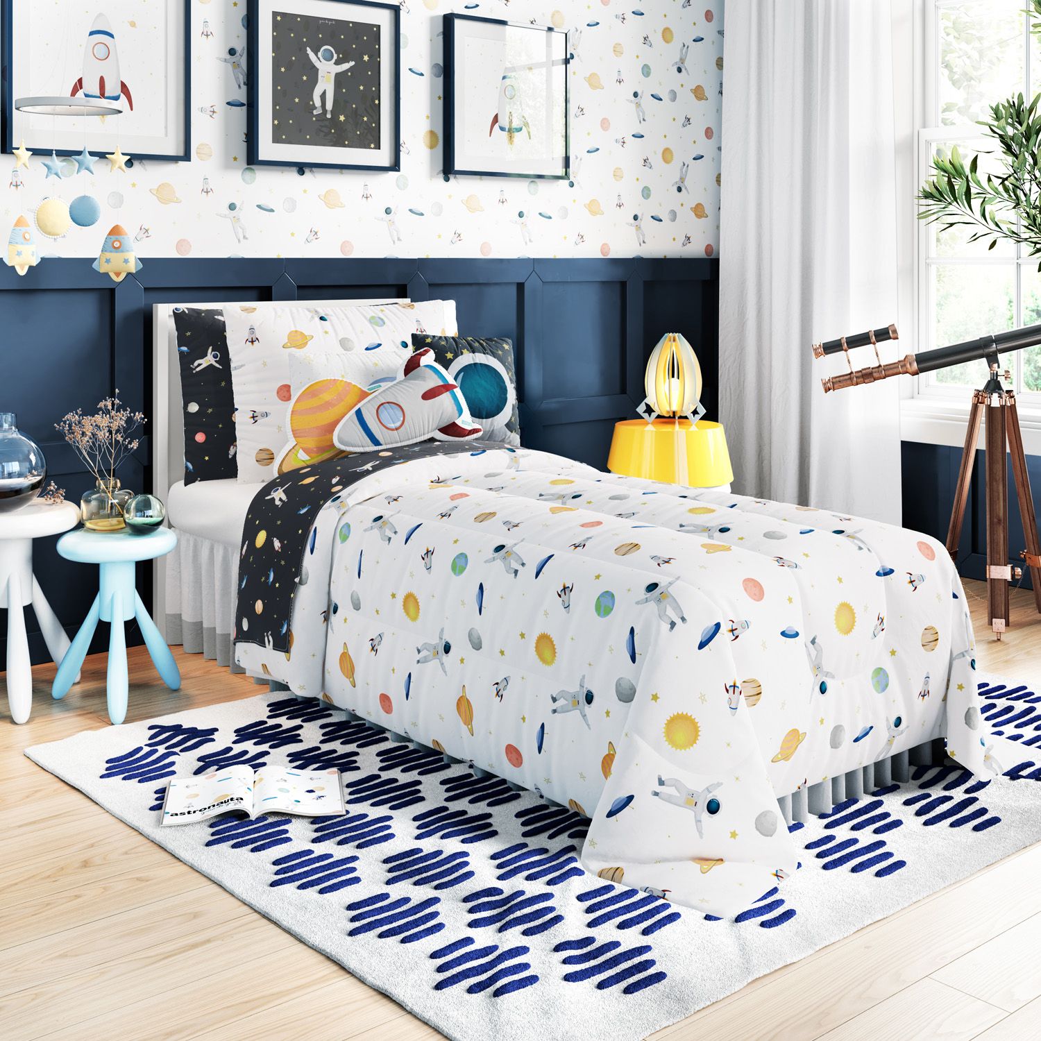 Kit Cama Infantil Solteiro Astronauta Branco e Preto