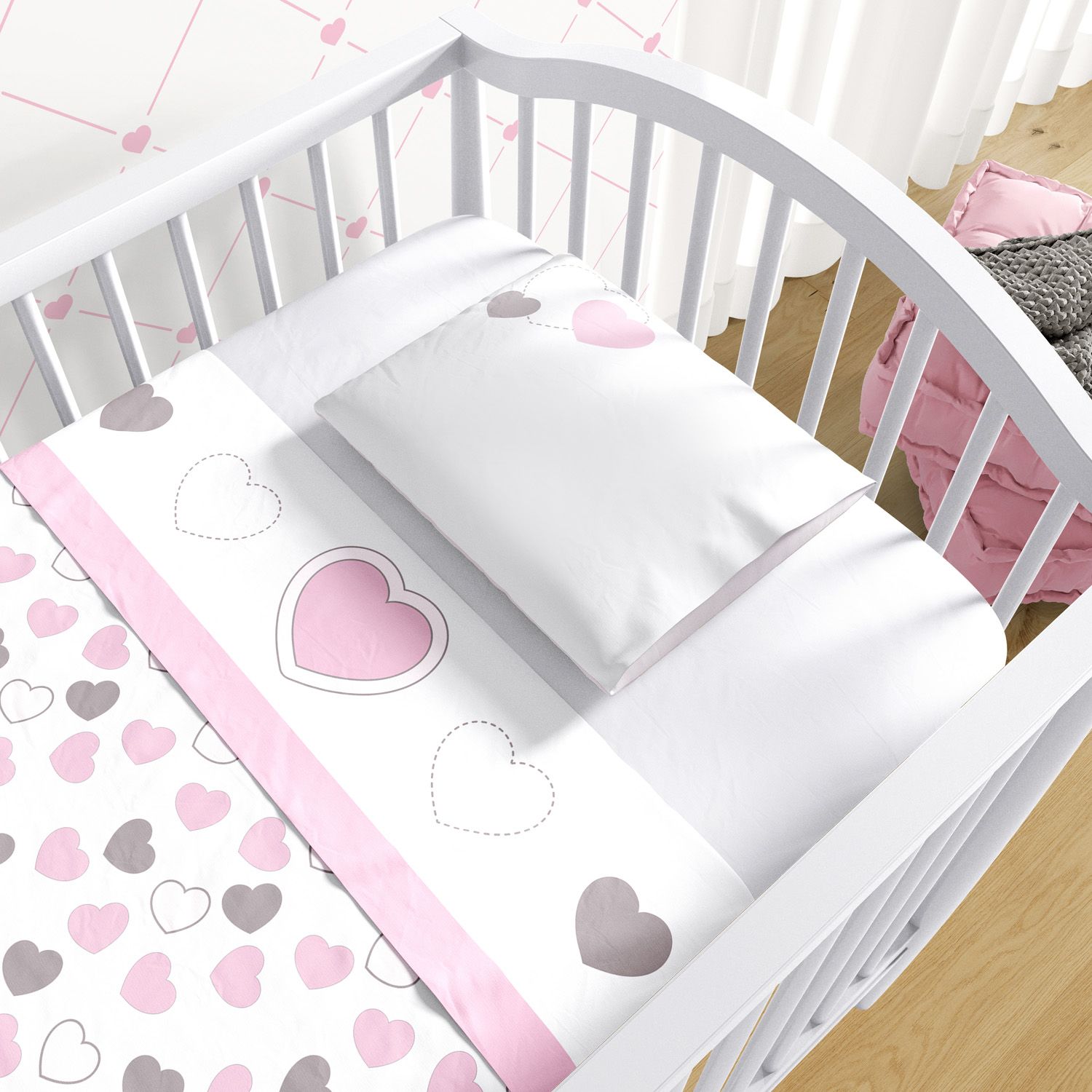 Jogo de Lençol Berço Corações Rosa 3 peças