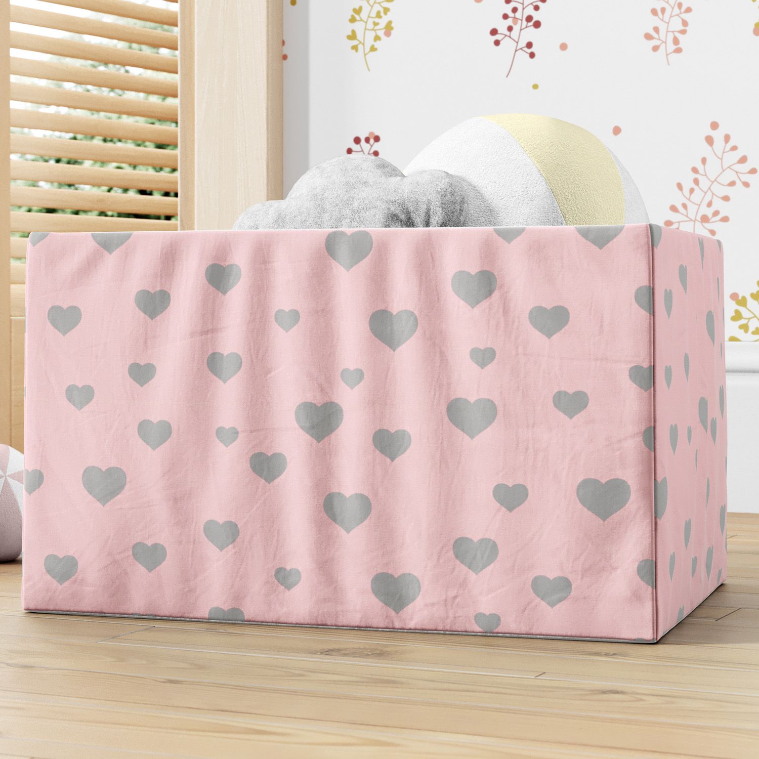 Cesto Organizador para Brinquedos Retangular Corações Rosa 25cm