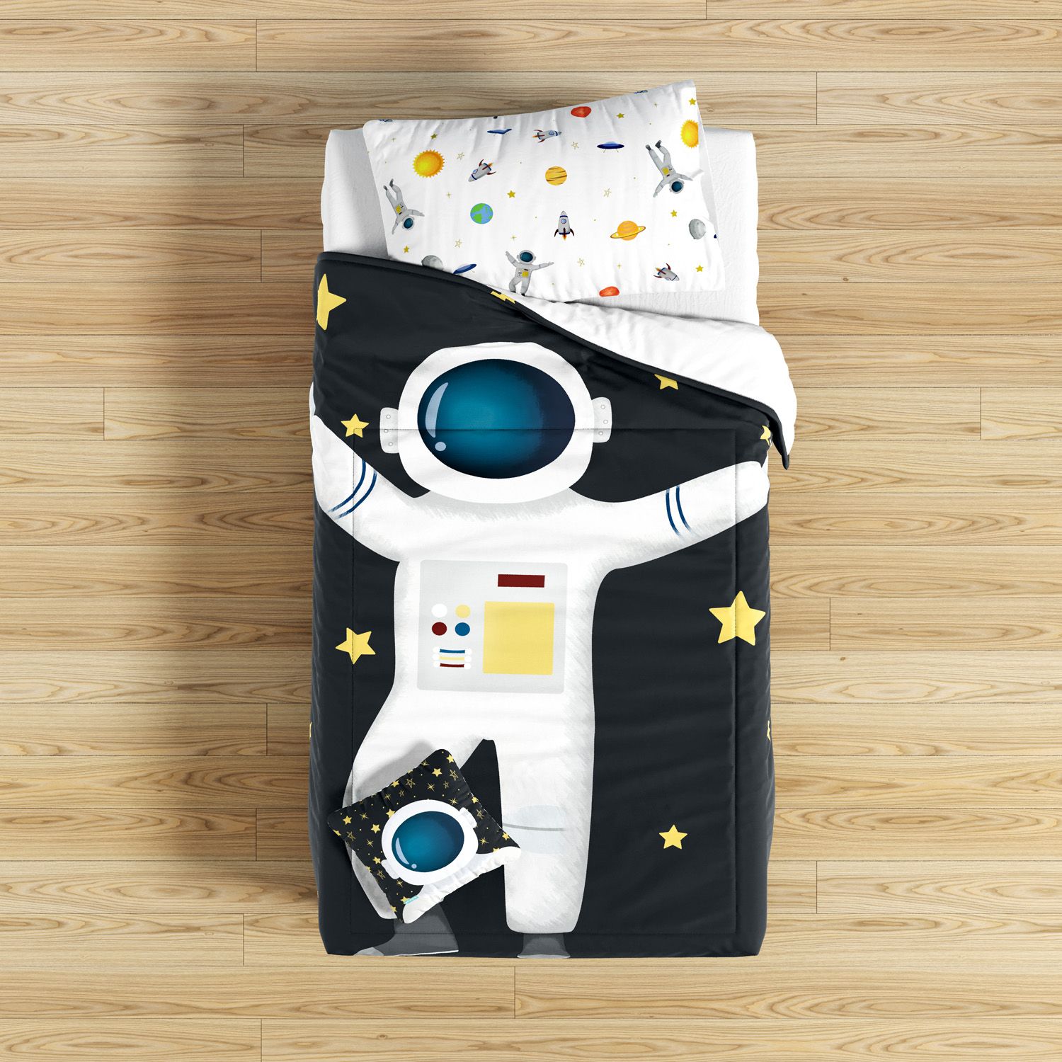 Kit Cama Infantil Solteiro Astronauta Preto e Branco