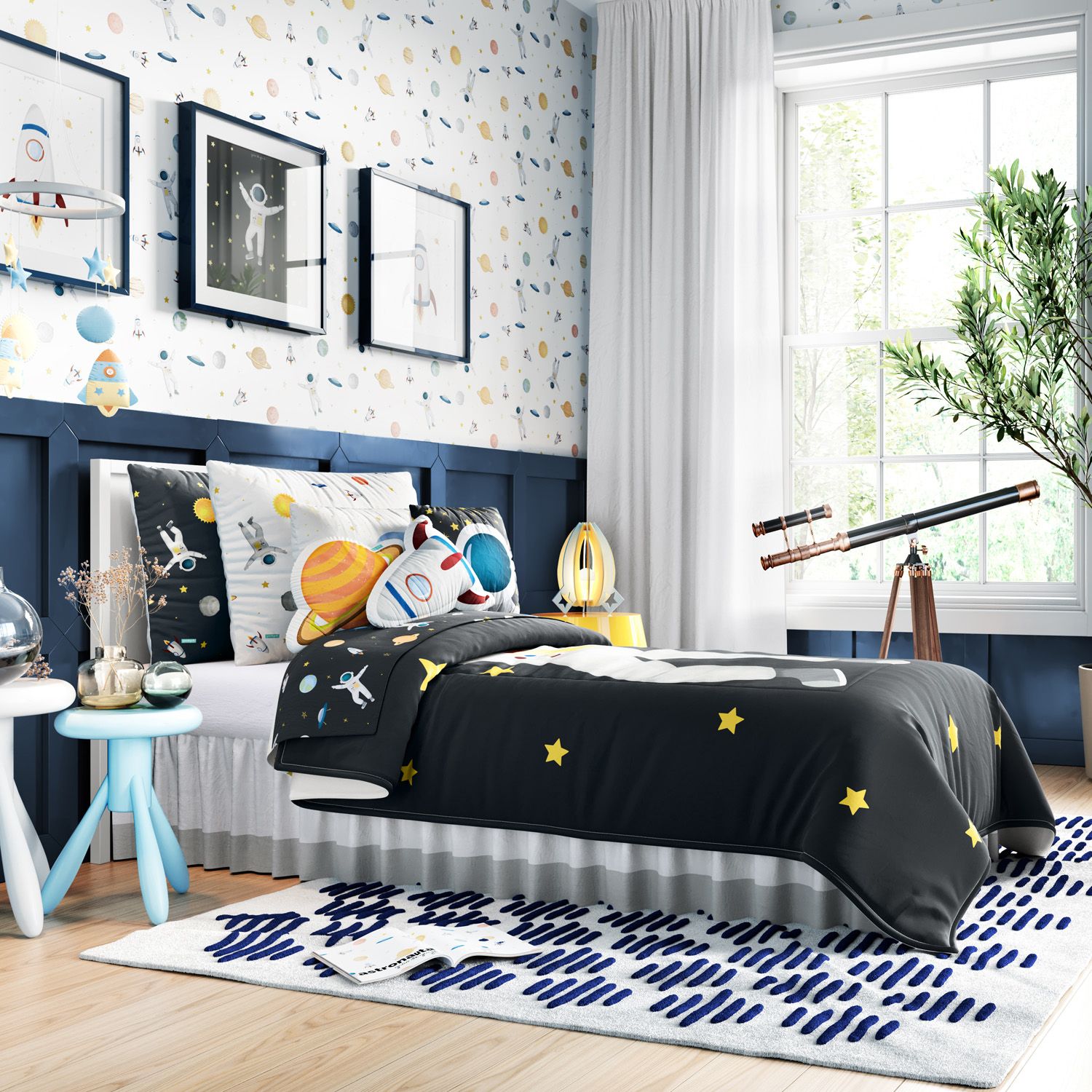 Kit Cama Infantil Solteiro Astronauta Preto e Branco