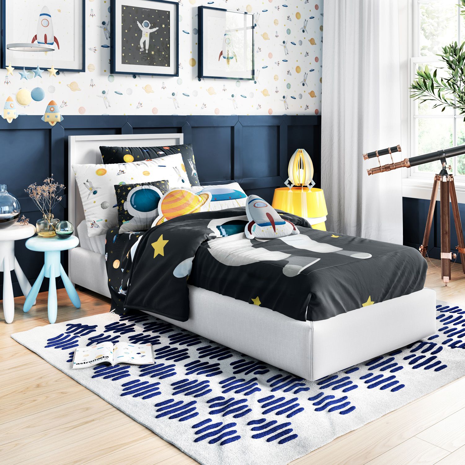 Kit Cama Infantil Solteiro Astronauta Preto e Branco