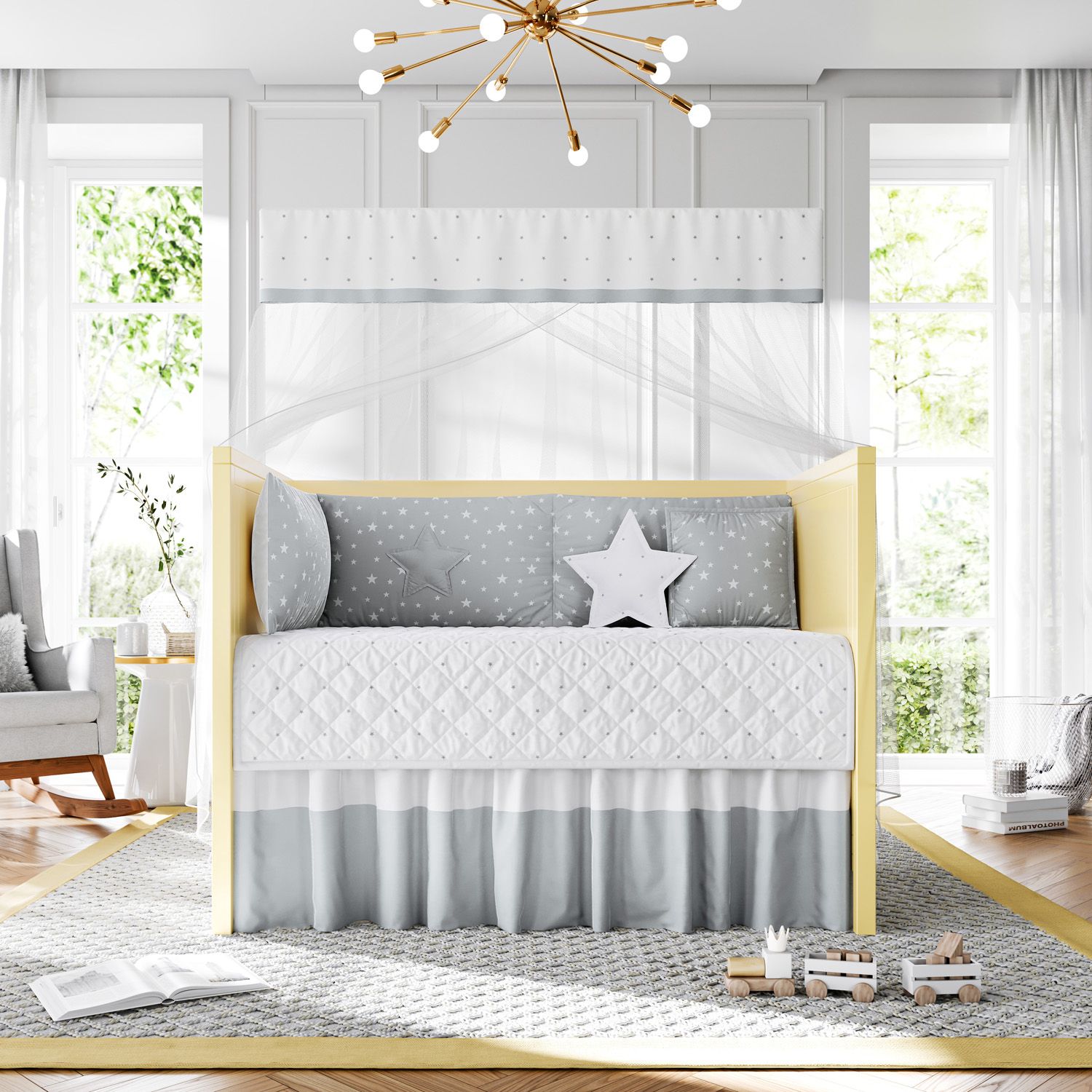 Kit Berço Dobrável 2 em 1 Estrelinha Cinza