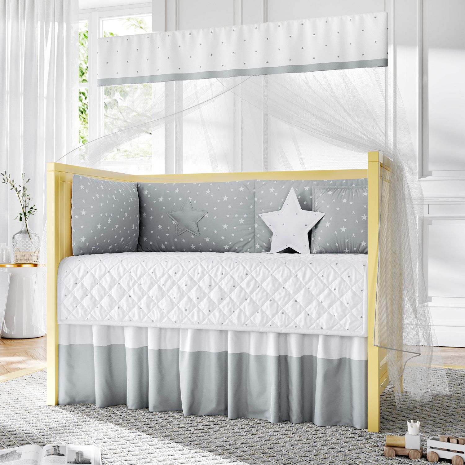 Kit Berço Dobrável 2 em 1 Estrelinha Cinza