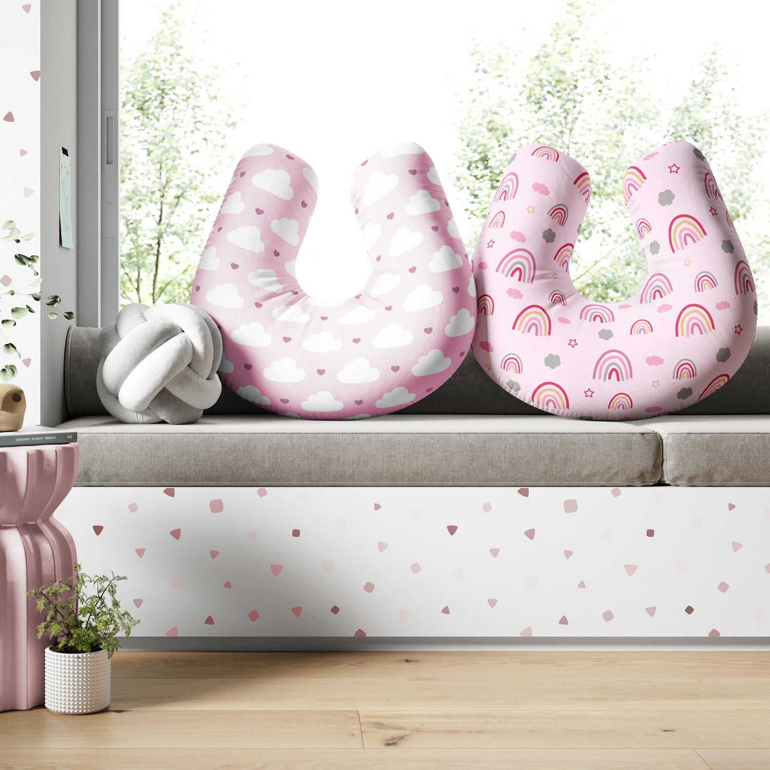 Almofada Amamentação Dupla Face Nuvem Arco-íris Rosa