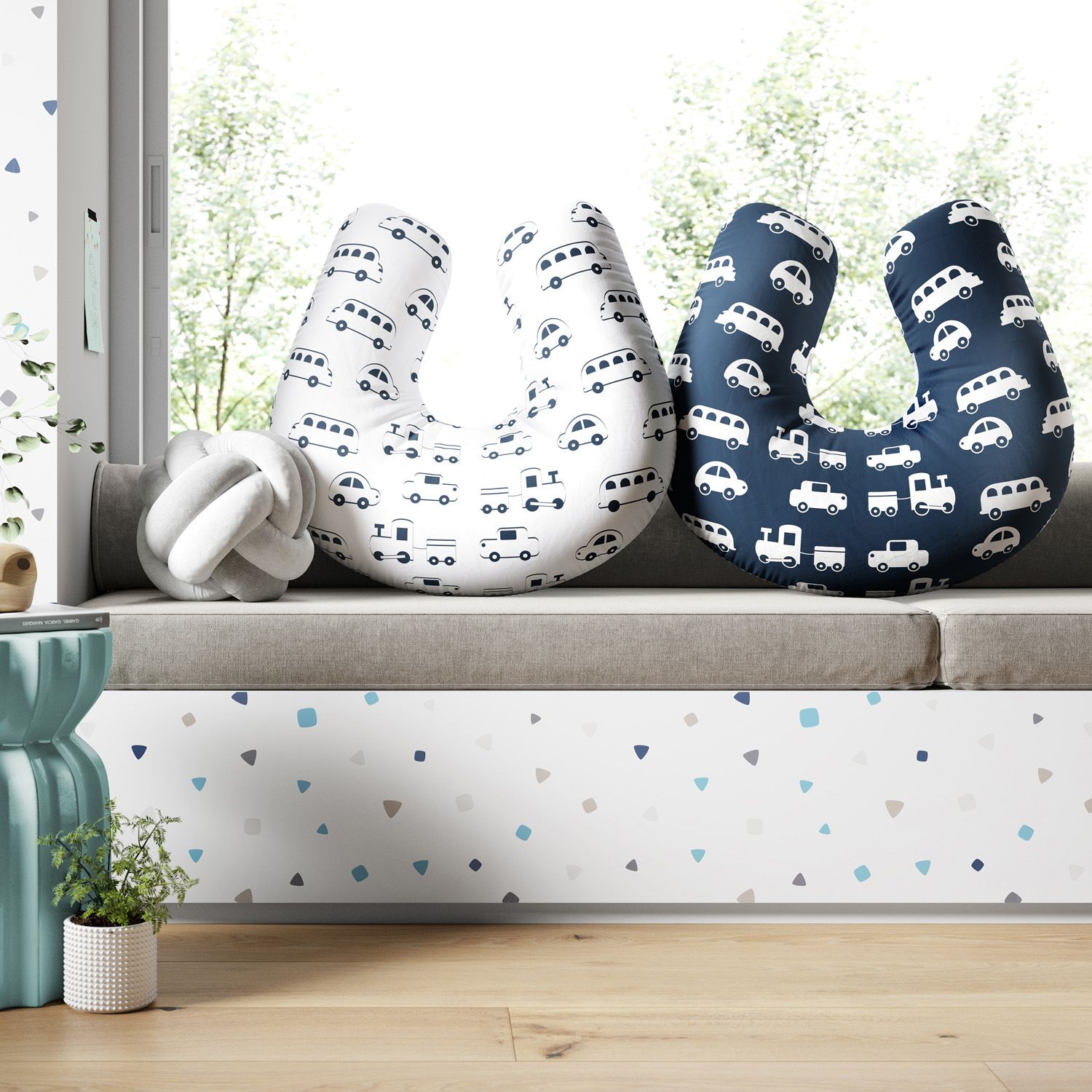 Almofada Amamentação Dupla Face Carrinho, Ônibus e Trem Azul