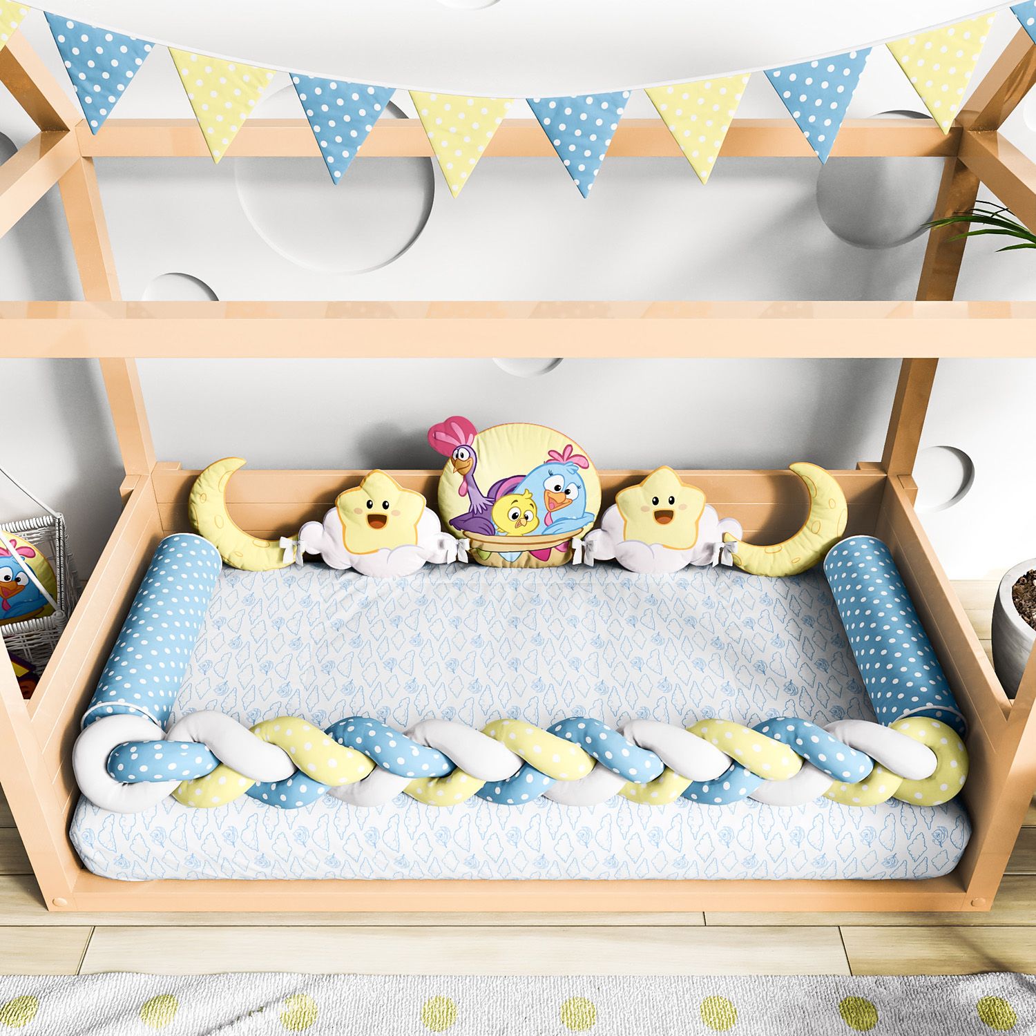 Varal de Cama Bandeirinhas Poá Amarelo e Azul Bebê