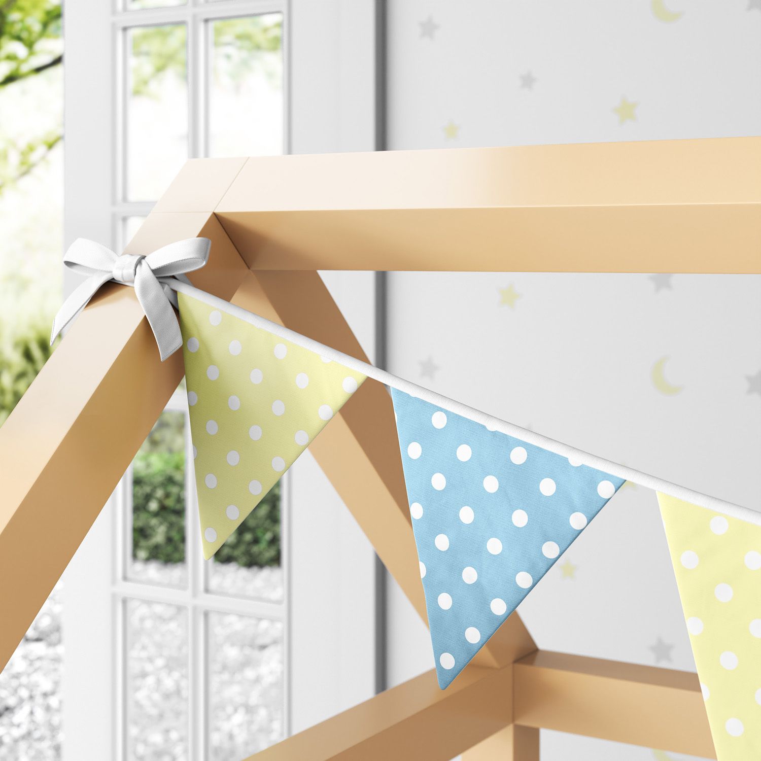 Varal de Cama Bandeirinhas Poá Amarelo e Azul Bebê