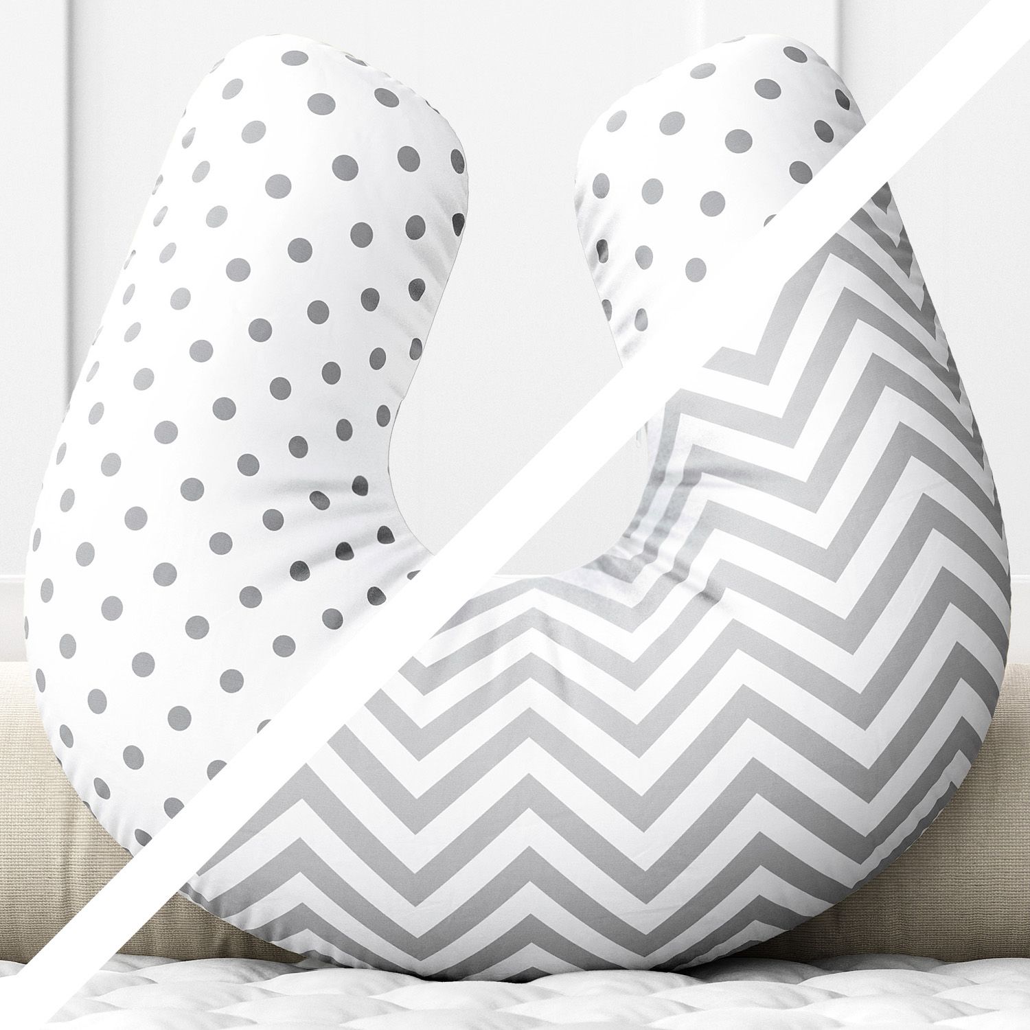 Almofada Amamentação Dupla Face Chevron Poá Cinza