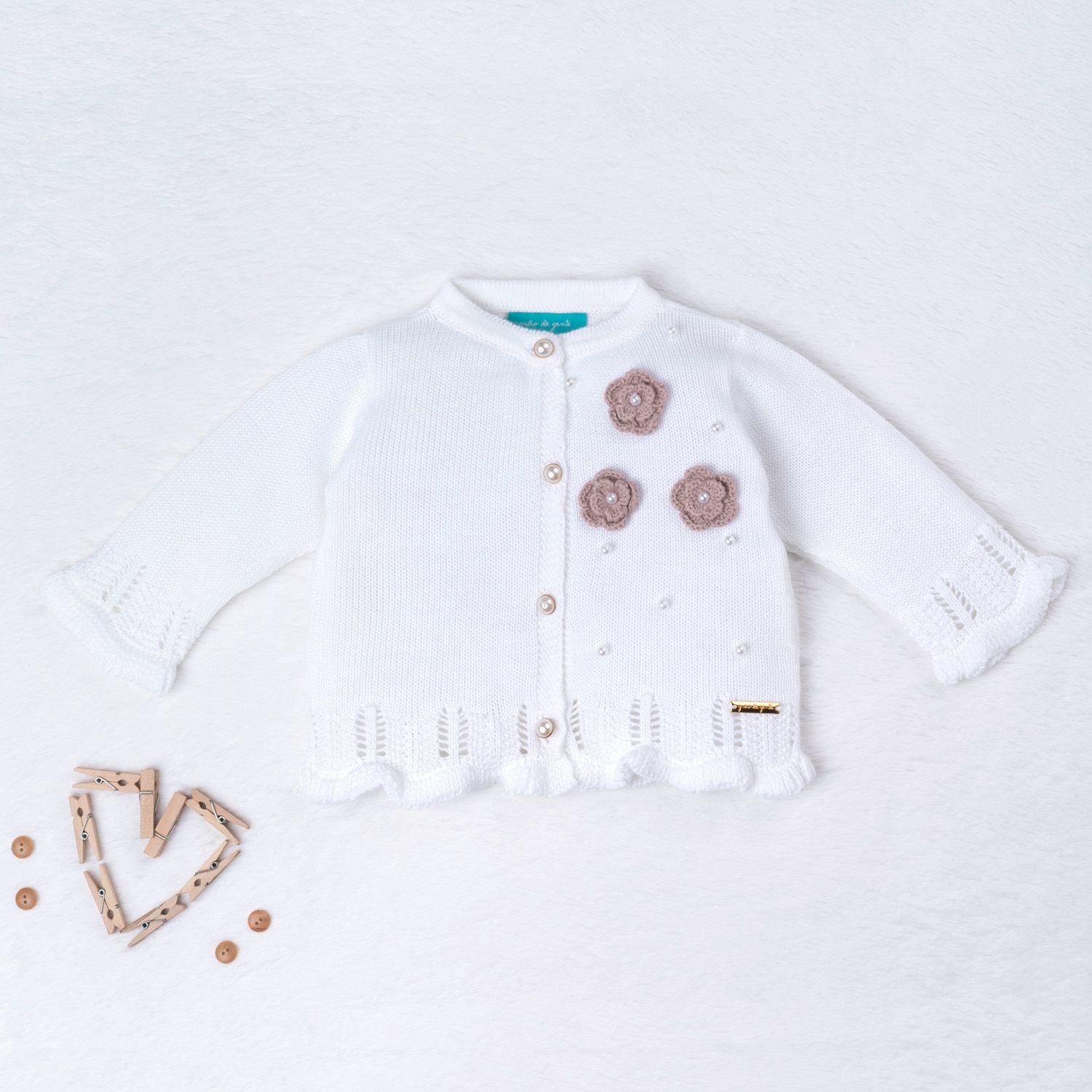 Saída Maternidade Tricot Ladylike Flor e Pérola Nude Rosé 03 Peças